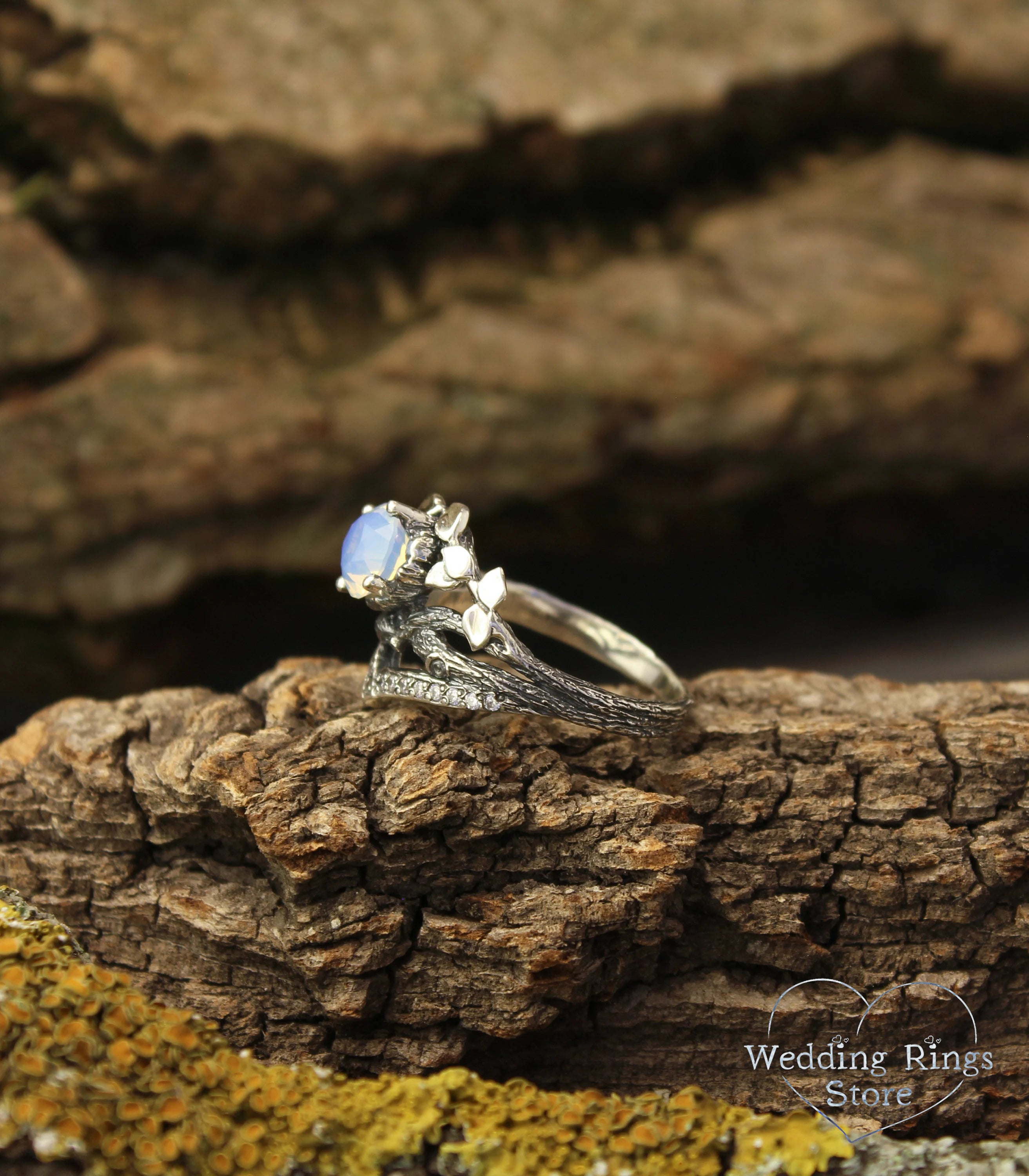 Silver Сhevron Engagement Ring Moonstone and Leaves