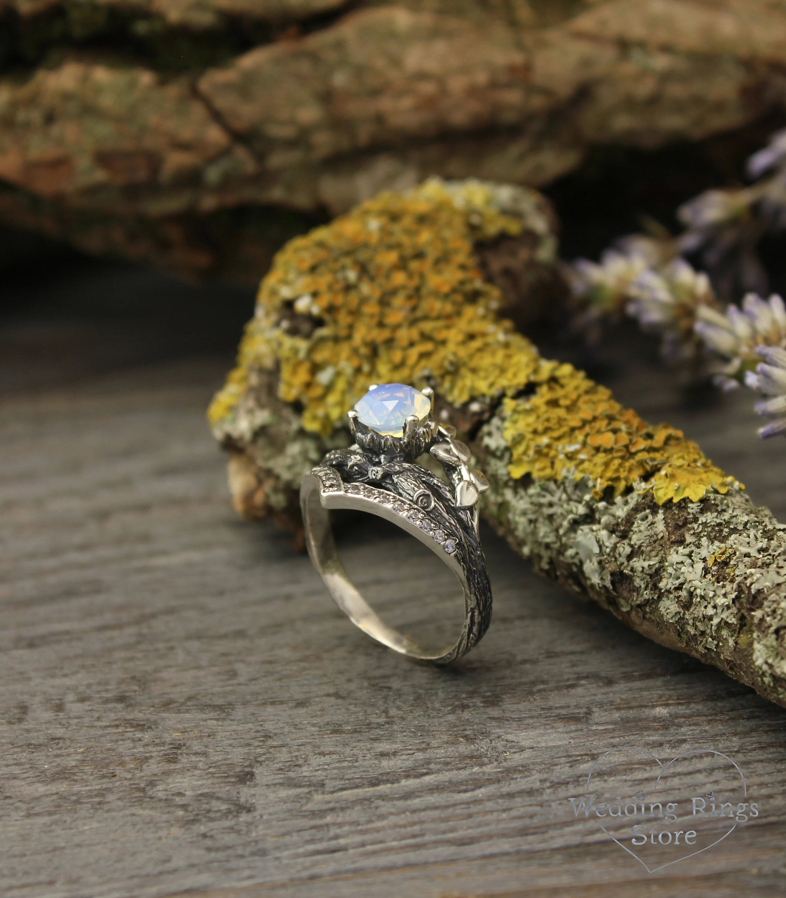 Silver Сhevron Engagement Ring Moonstone and Leaves