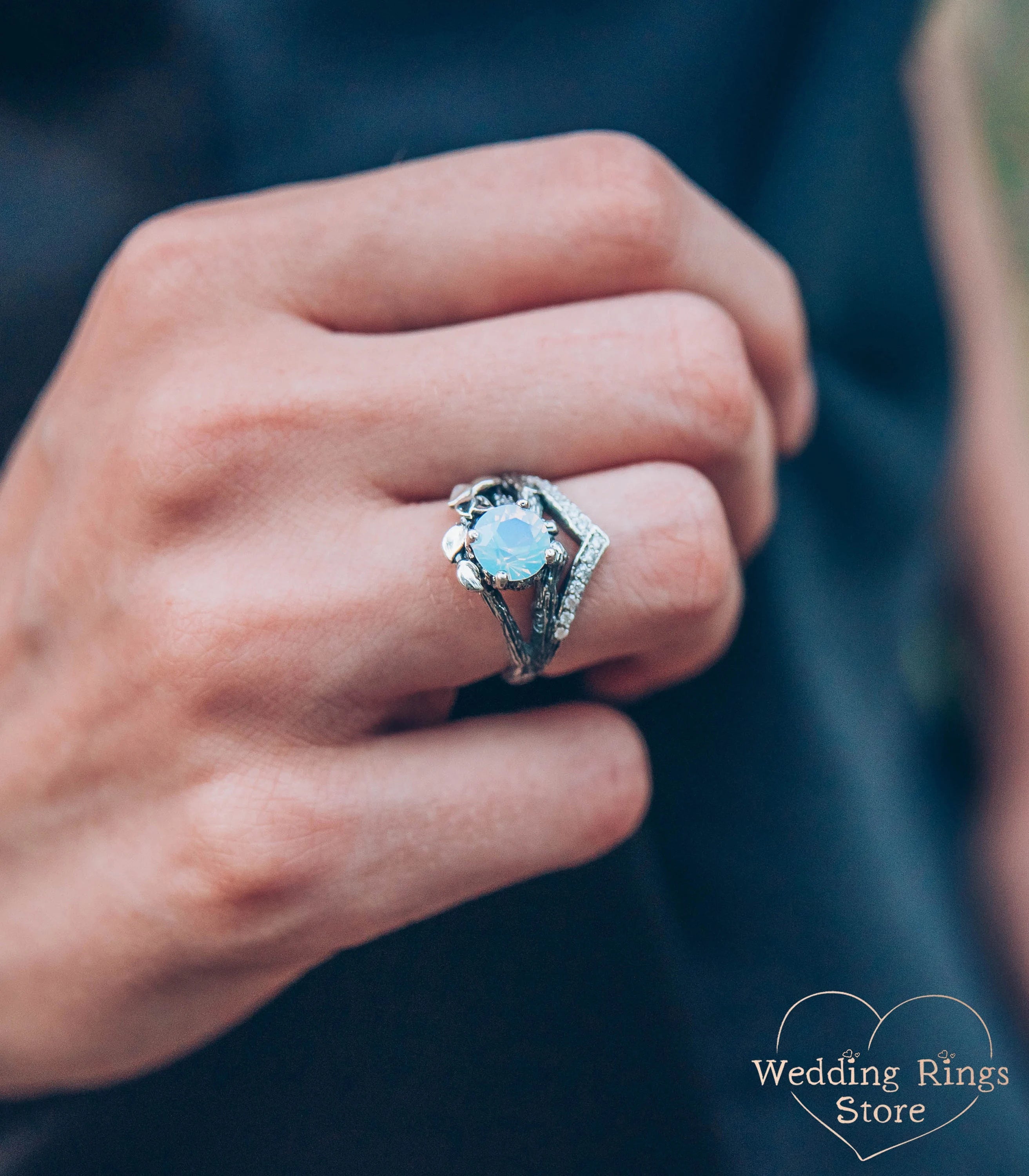 Silver Сhevron Engagement Ring Moonstone and Leaves