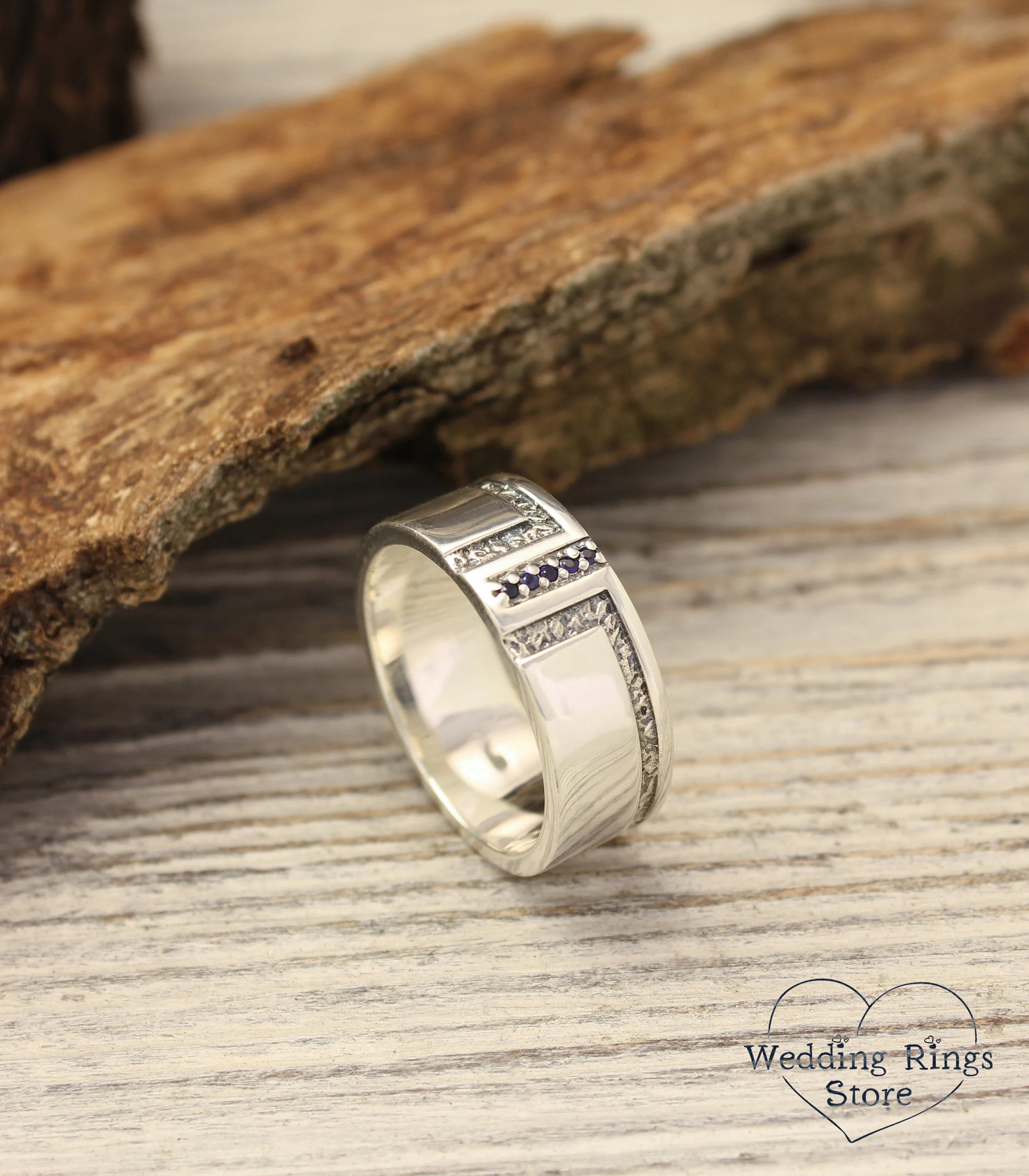 Men's Sapphire Wedding Band Heavy Sterling Silver