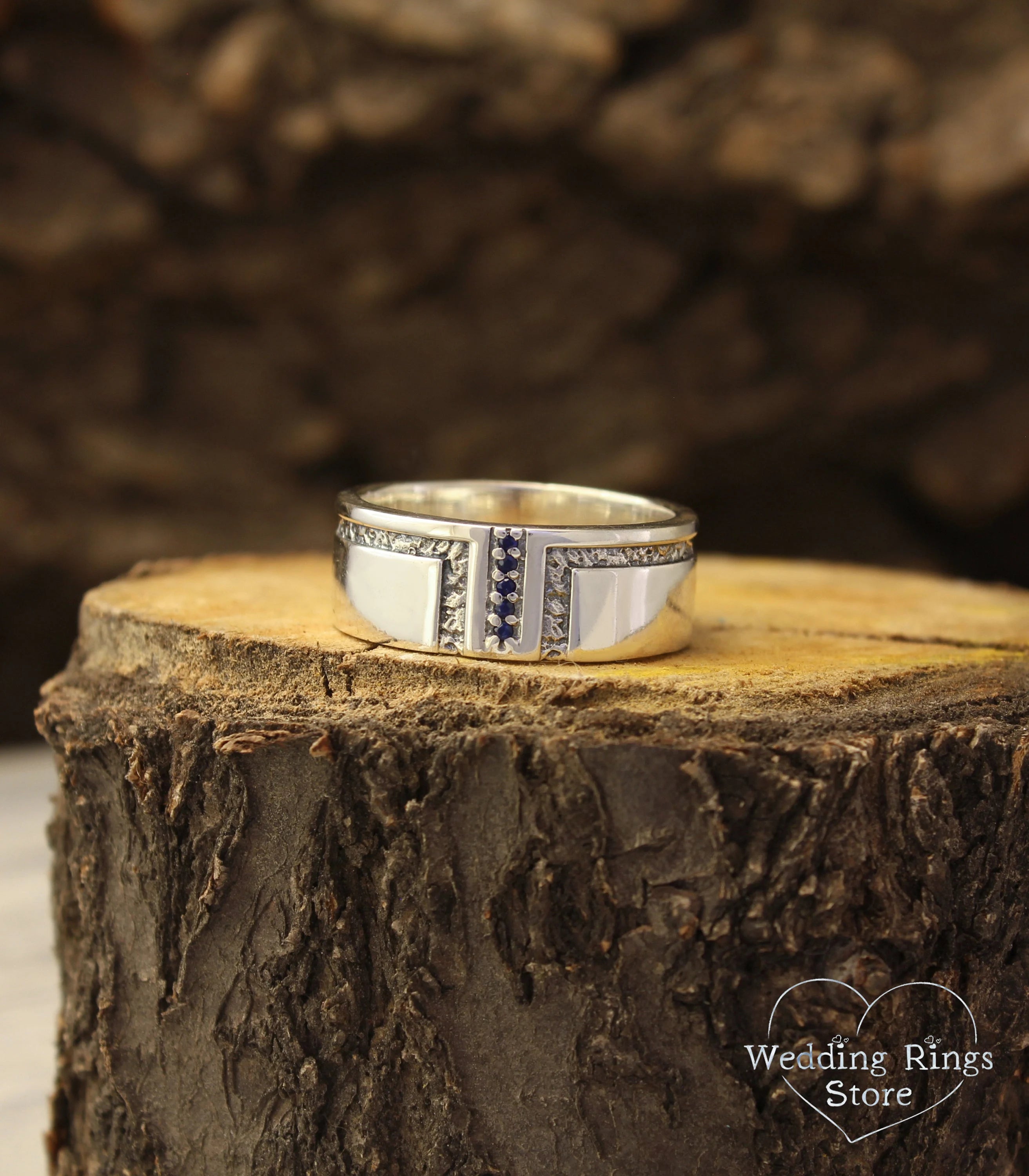 Men's Sapphire Wedding Band Heavy Sterling Silver