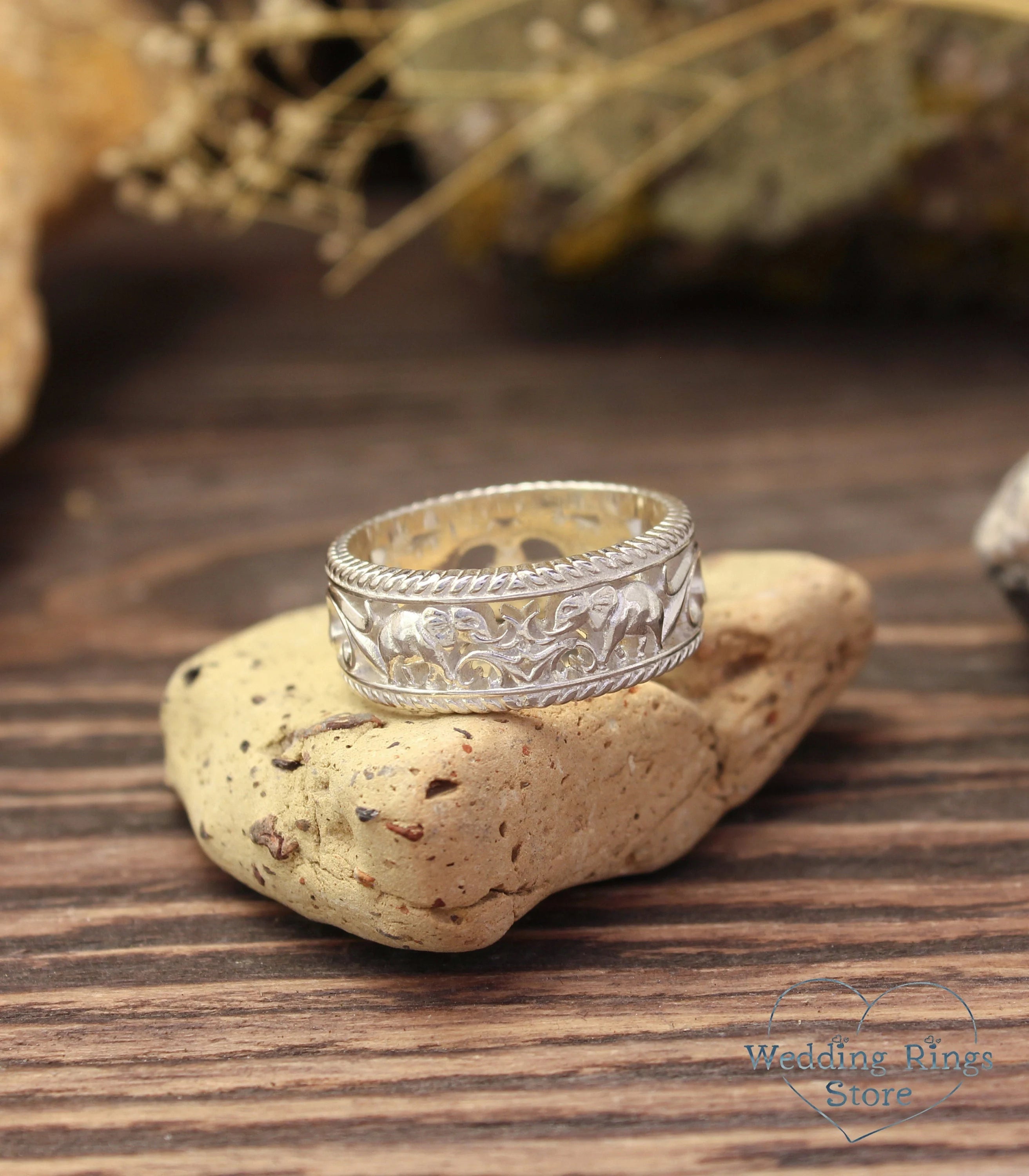 Elephant & Vine Sterling Silver Wedding Band