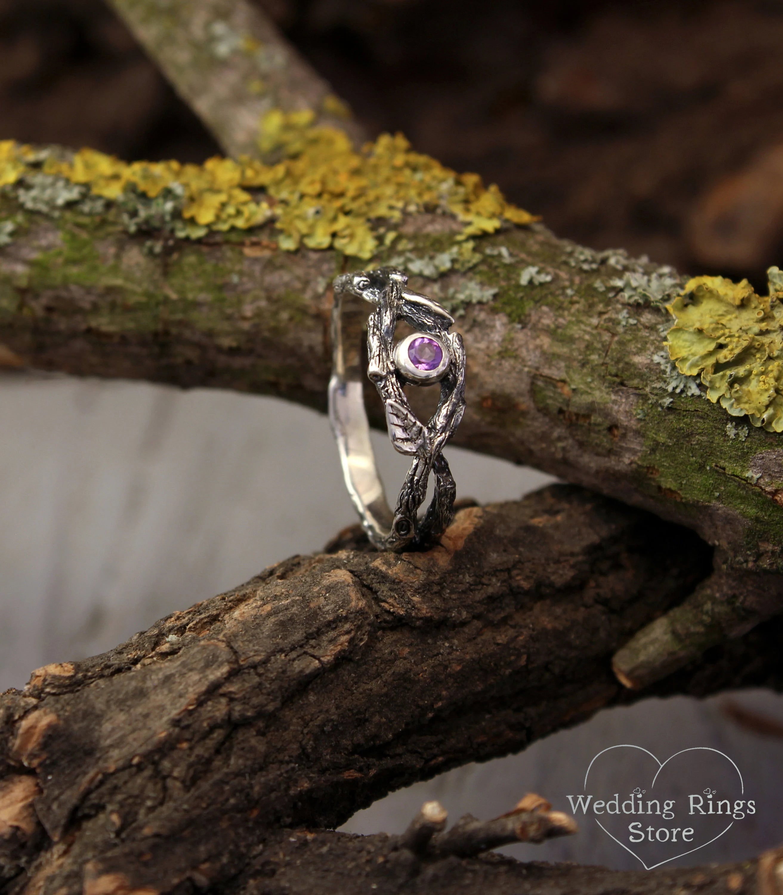 Silver Braided Branch and Leaves with Amethyst Engagement Ring