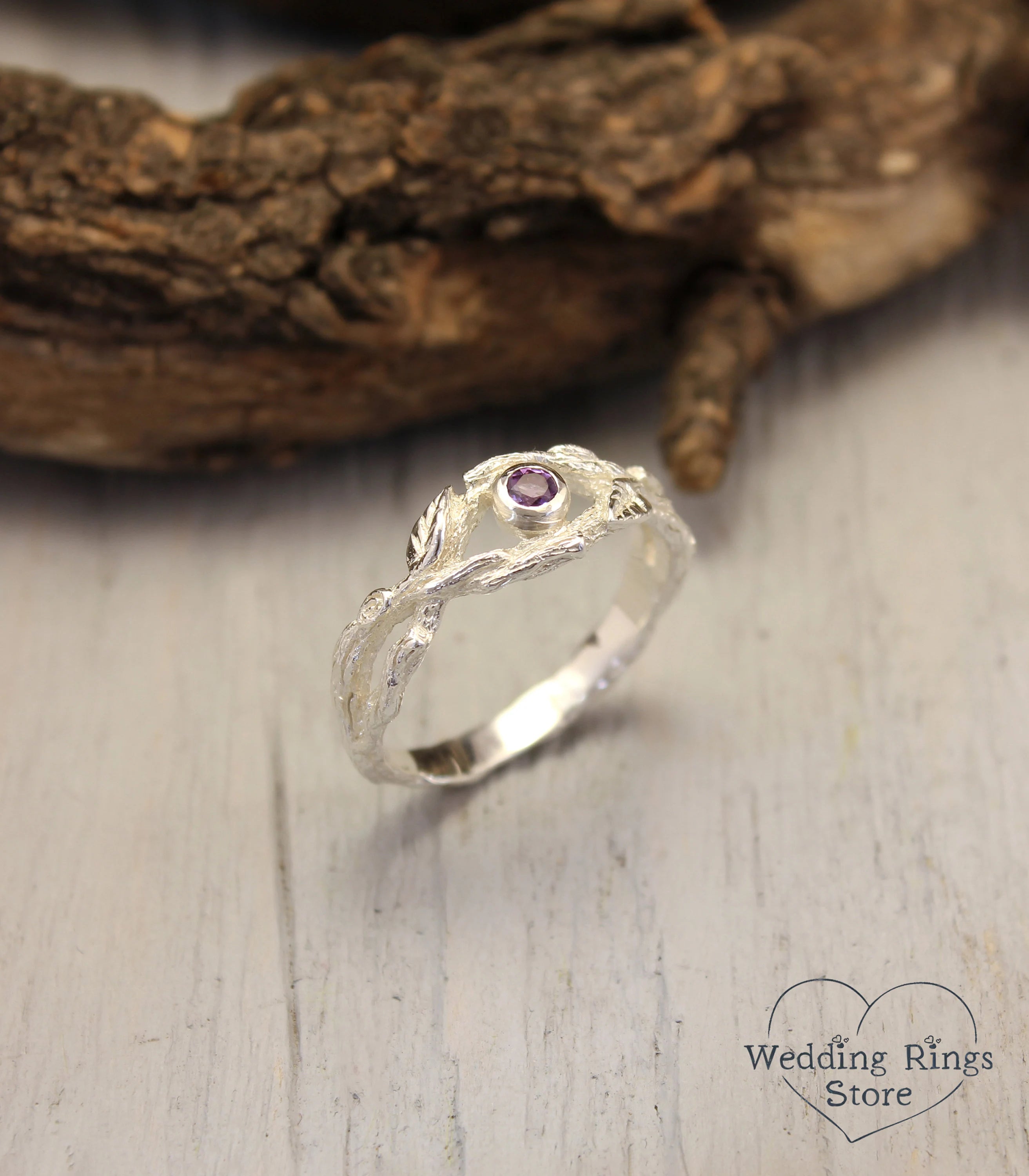 Silver Braided Branch and Leaves with Amethyst Engagement Ring