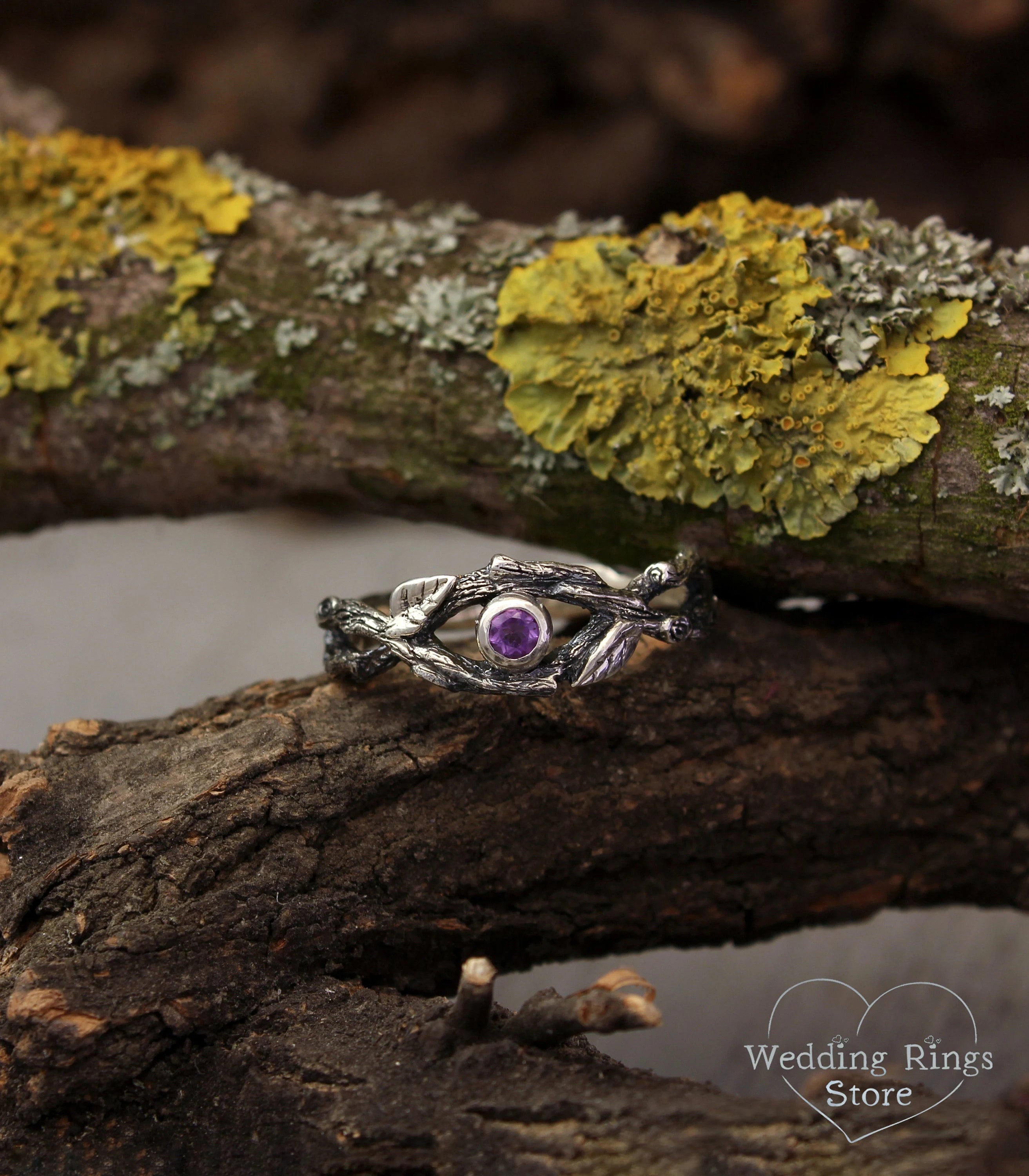 Silver Braided Branch and Leaves with Amethyst Engagement Ring