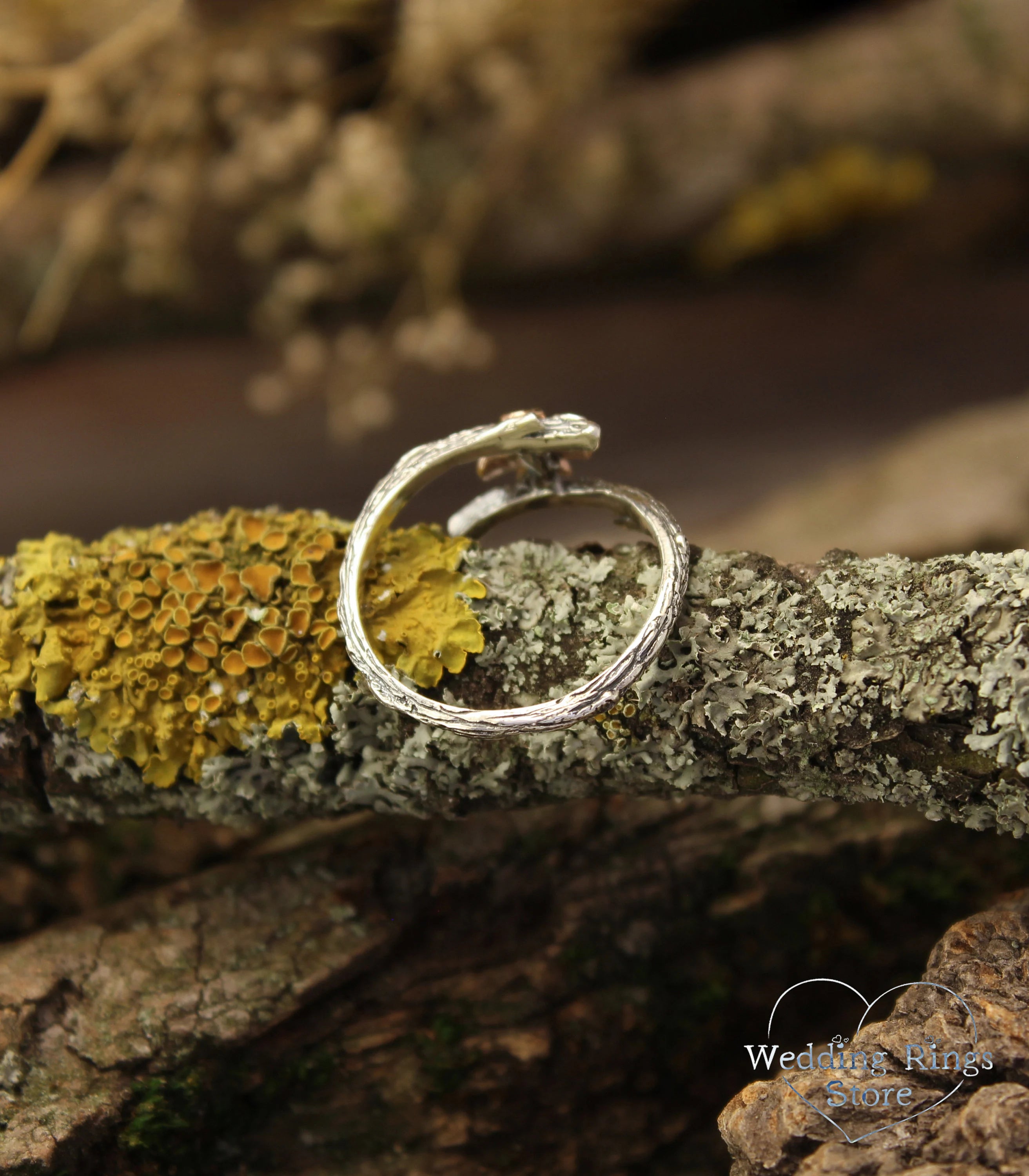 Women's Silver Tiny Twig Ring — Gold flower and Green Emerald