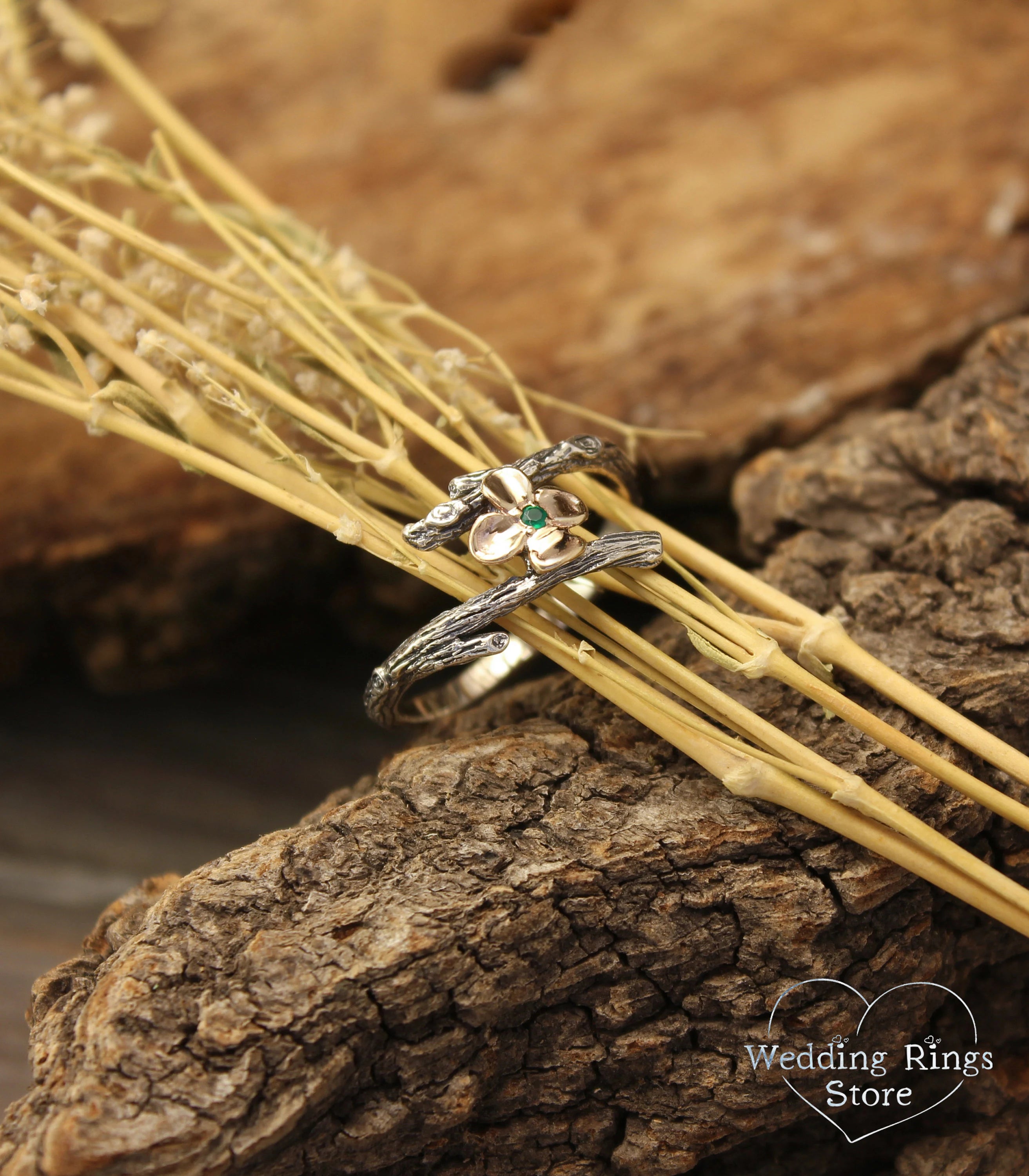 Women's Silver Tiny Twig Ring — Gold flower and Green Emerald