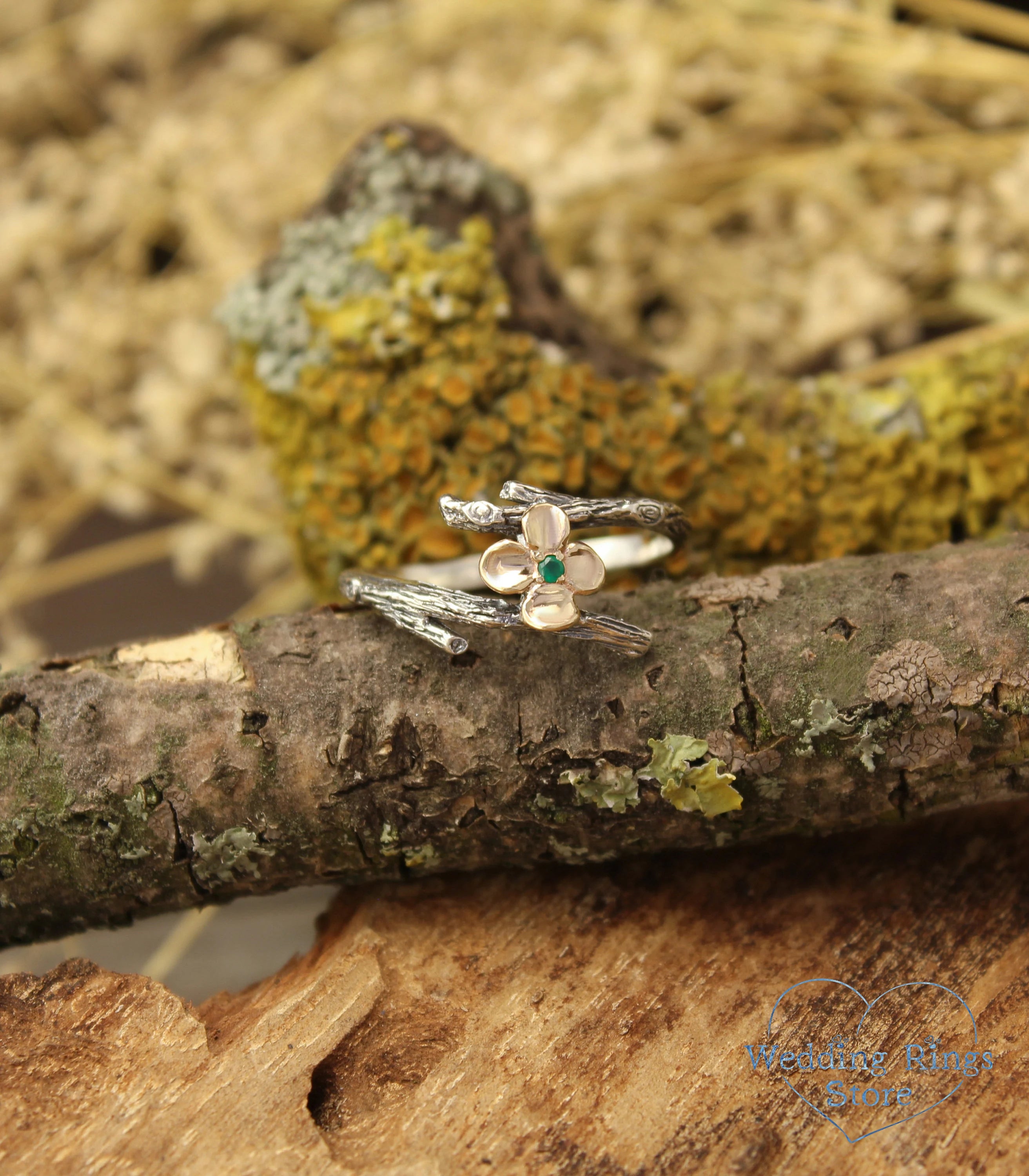 Women's Silver Tiny Twig Ring — Gold flower and Green Emerald