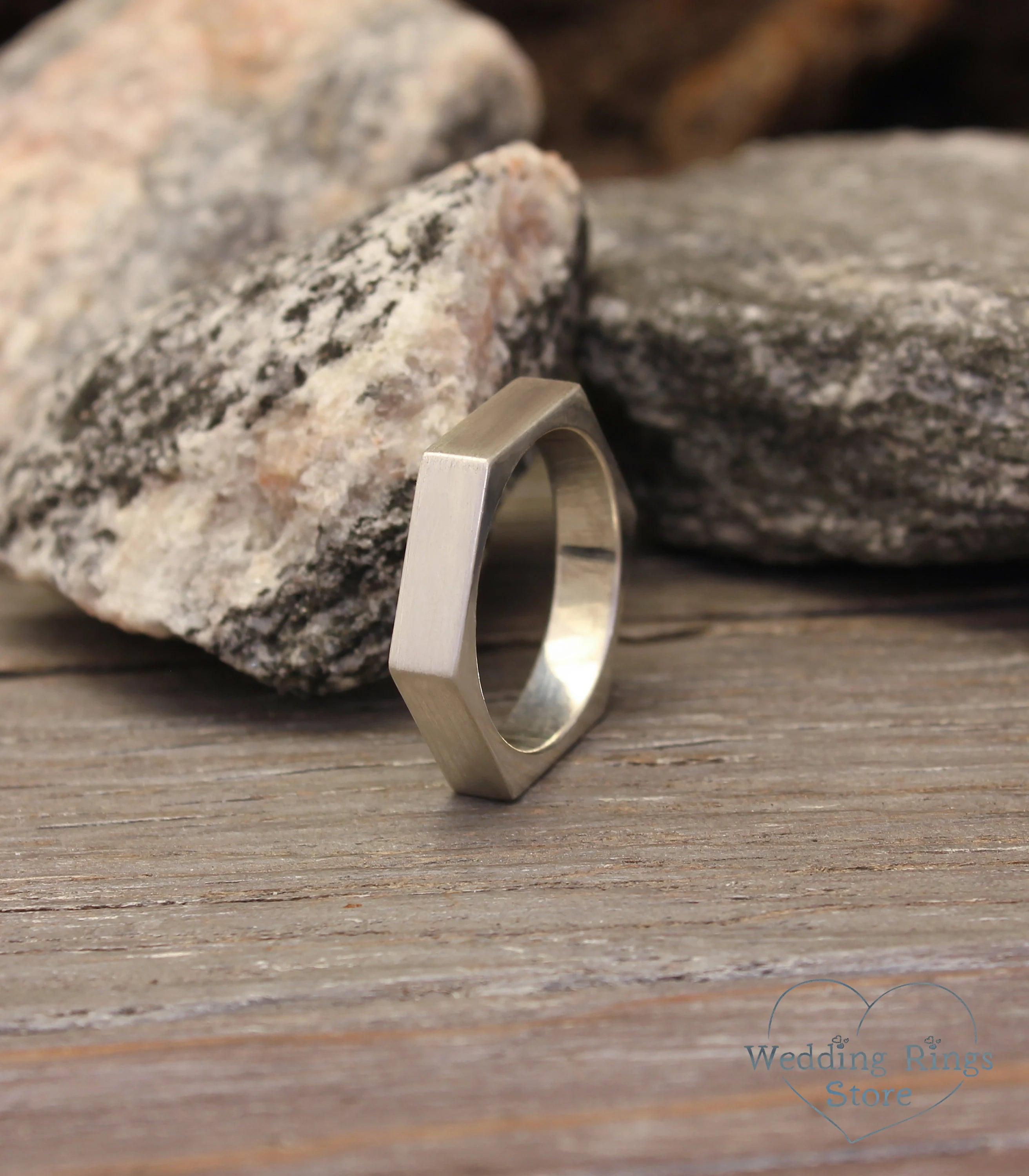 Men's Matte Silver Hexagon Wedding Band