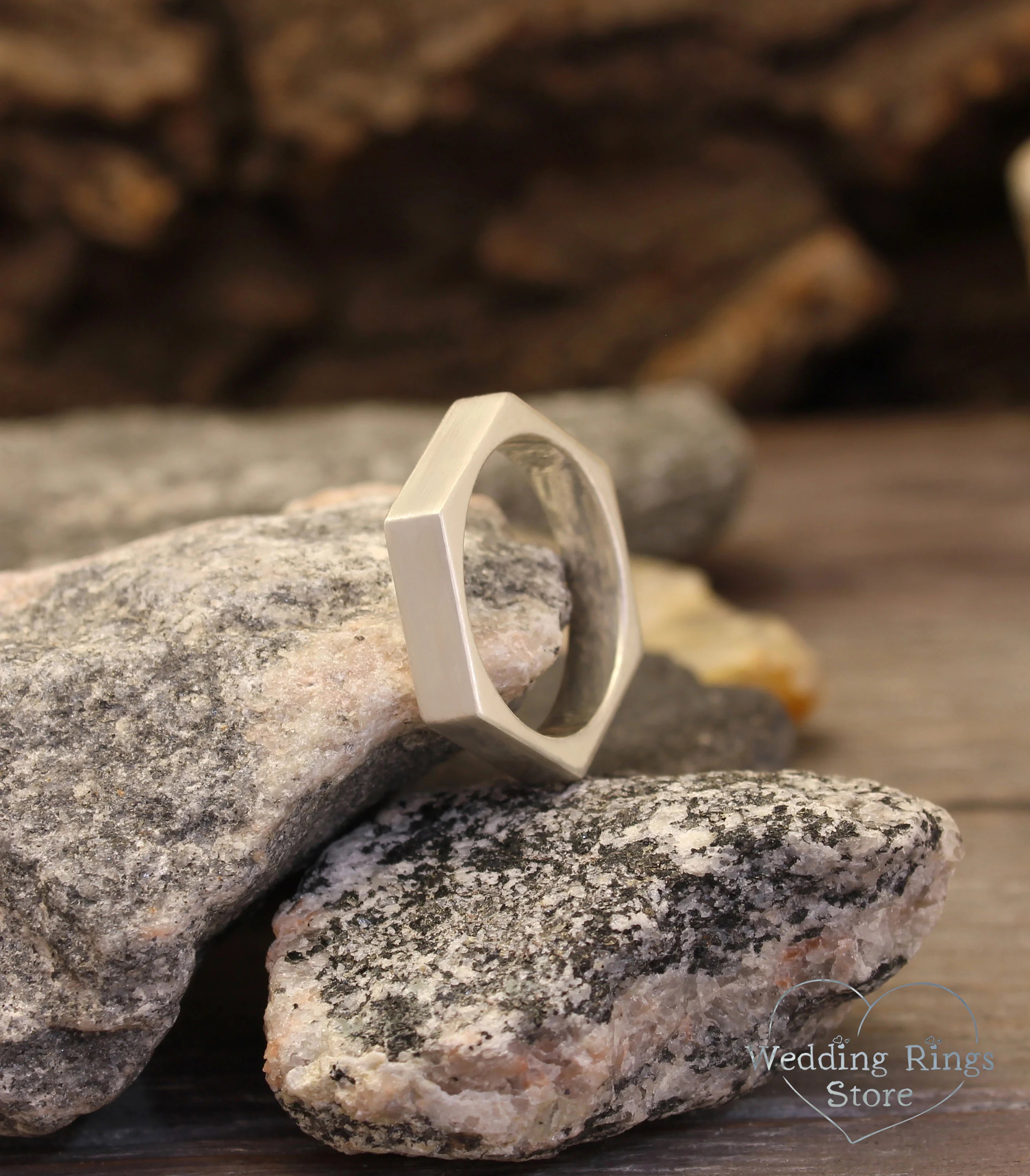 Men's Matte Silver Hexagon Wedding Band