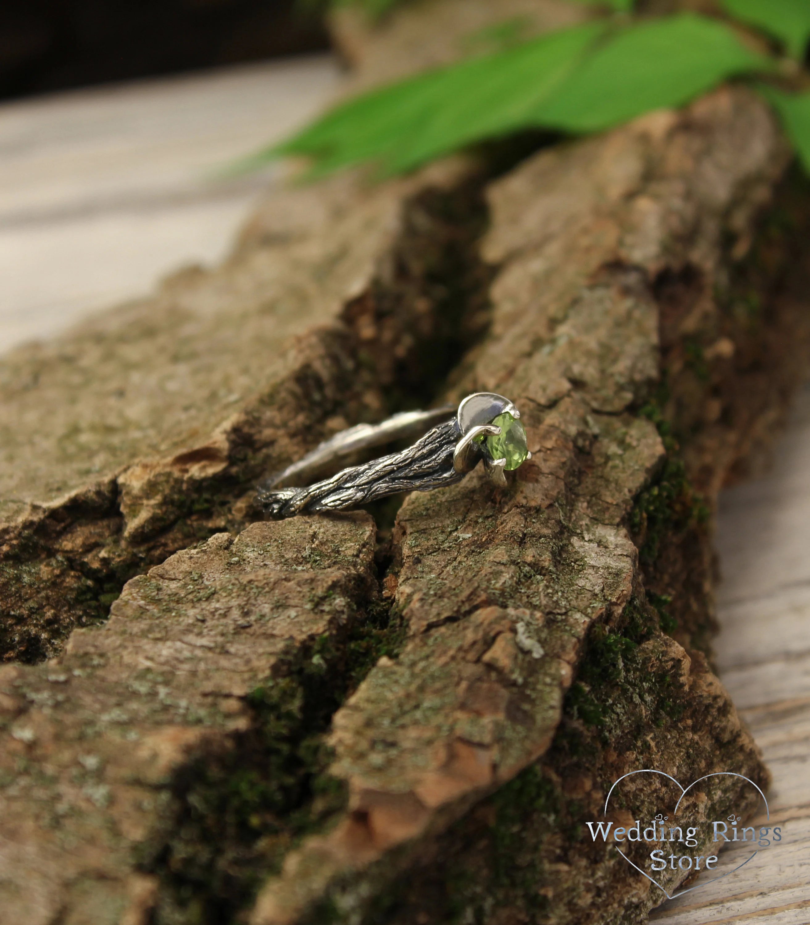 Green Peridot Branch Ring with Flower & Silver petals