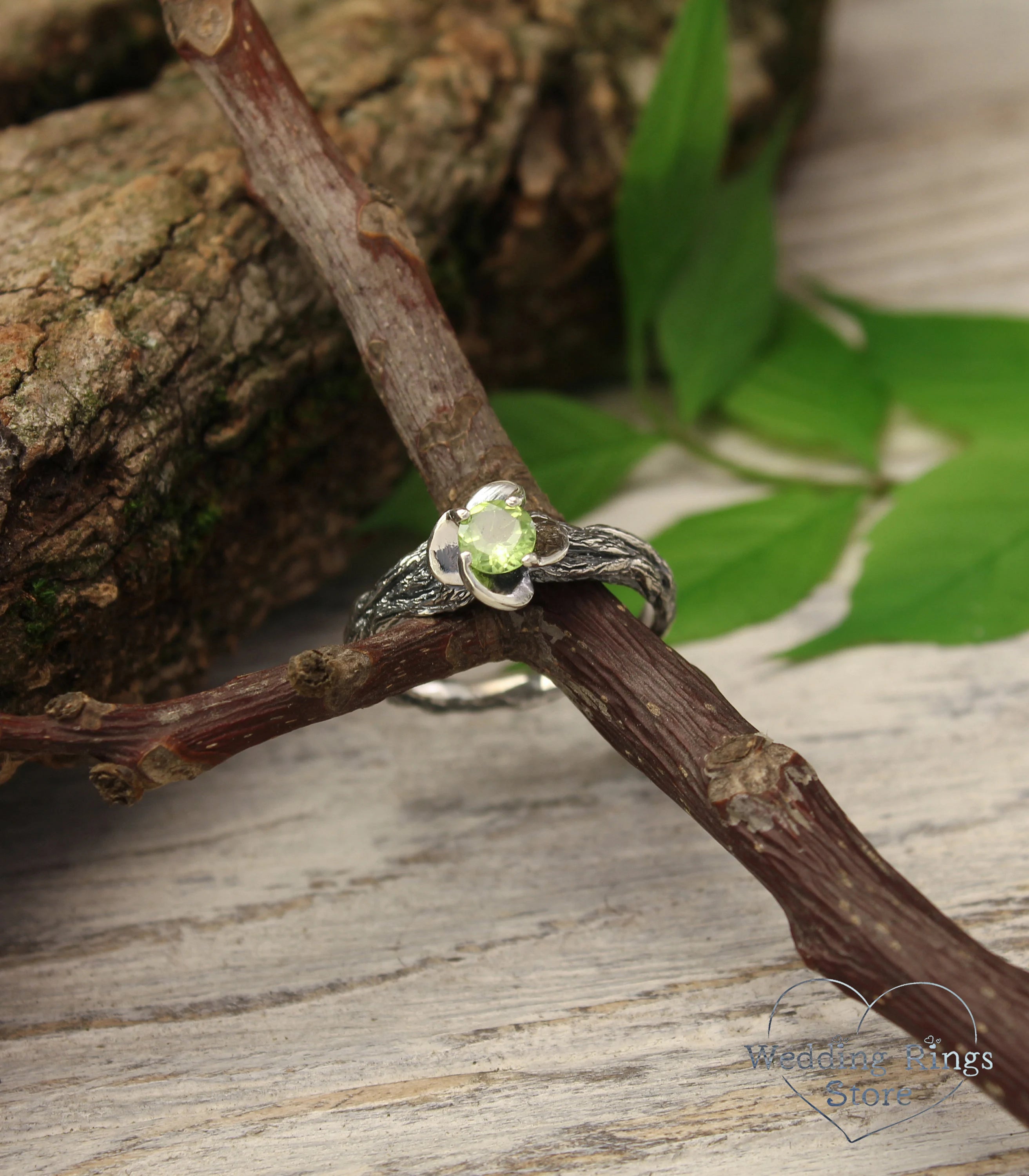 Green Peridot Branch Ring with Flower & Silver petals