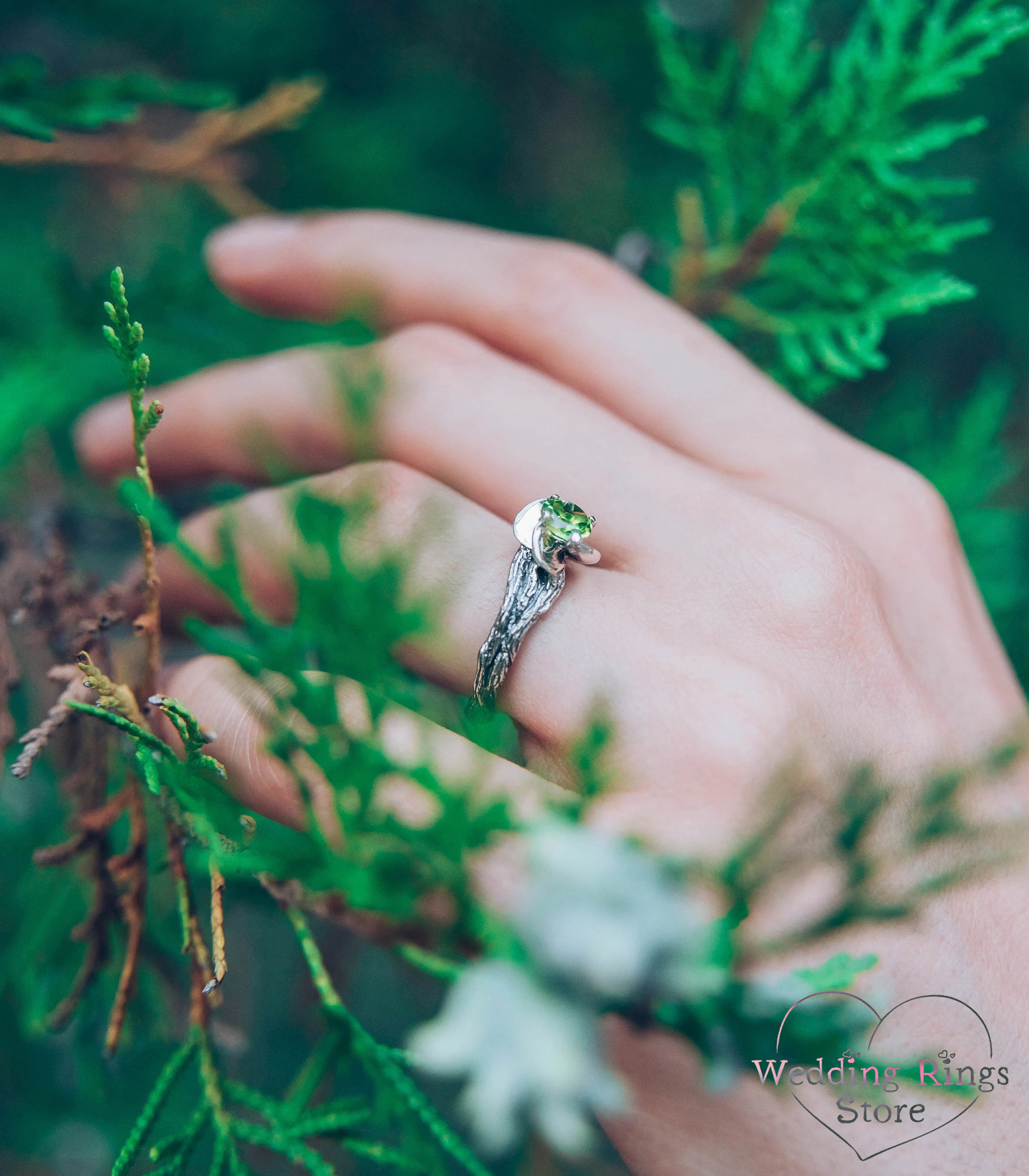 Green Peridot Branch Ring with Flower & Silver petals