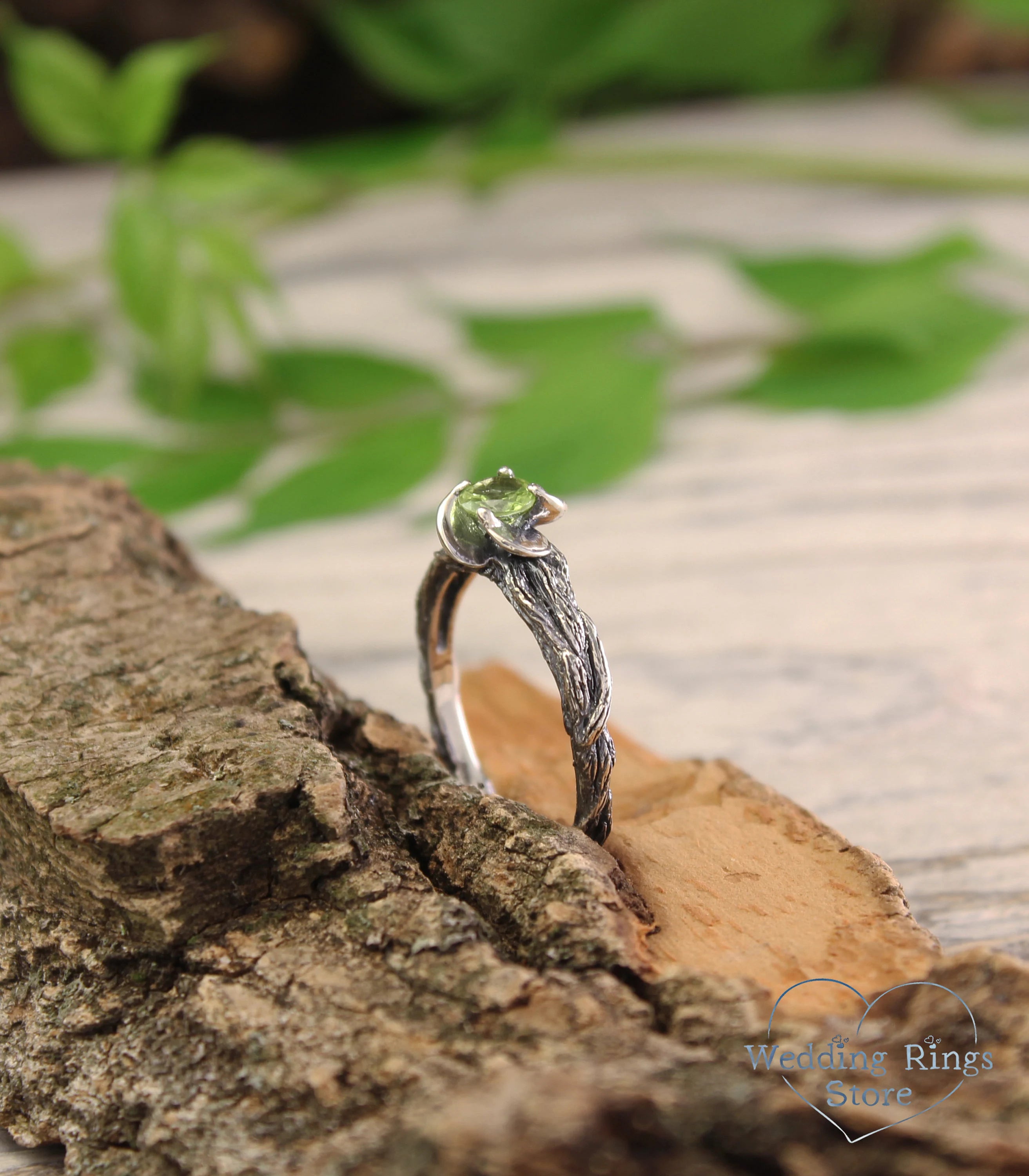 Green Peridot Branch Ring with Flower & Silver petals