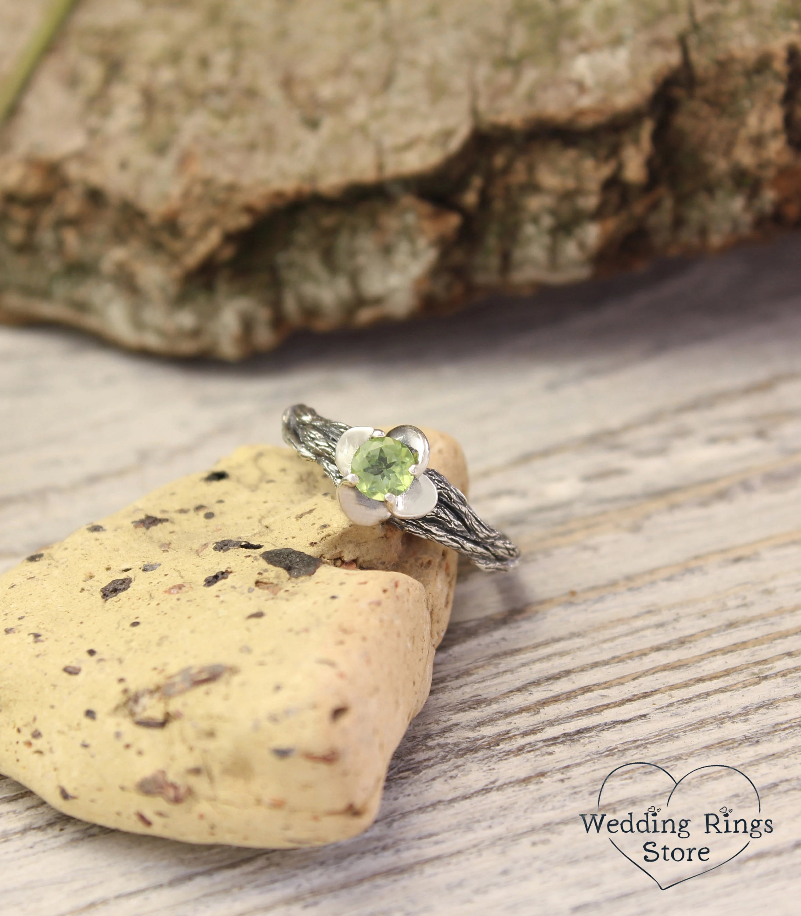 Green Peridot Branch Ring with Flower & Silver petals