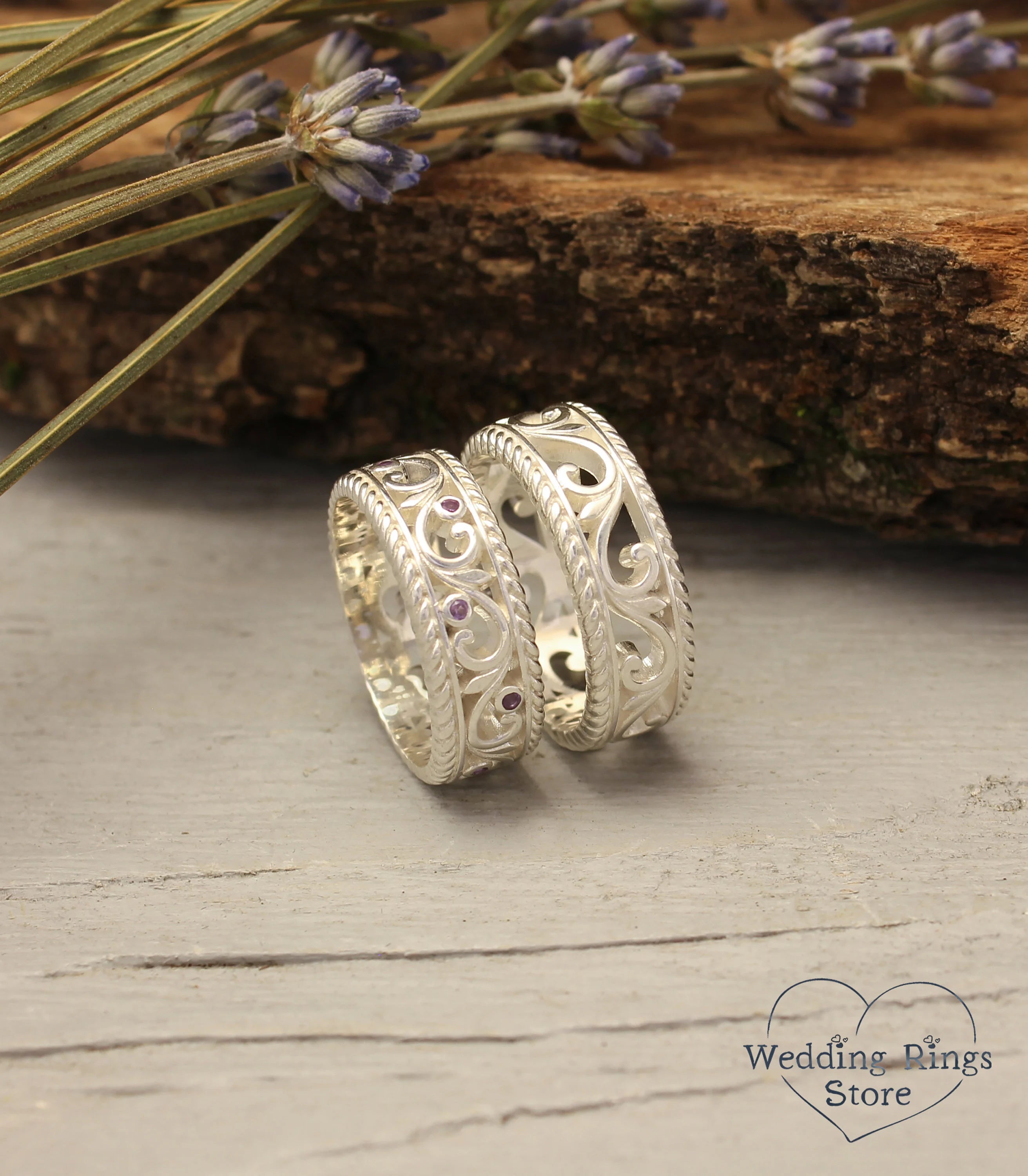 Vintage style Vine & Amethysts Couple Rings Set