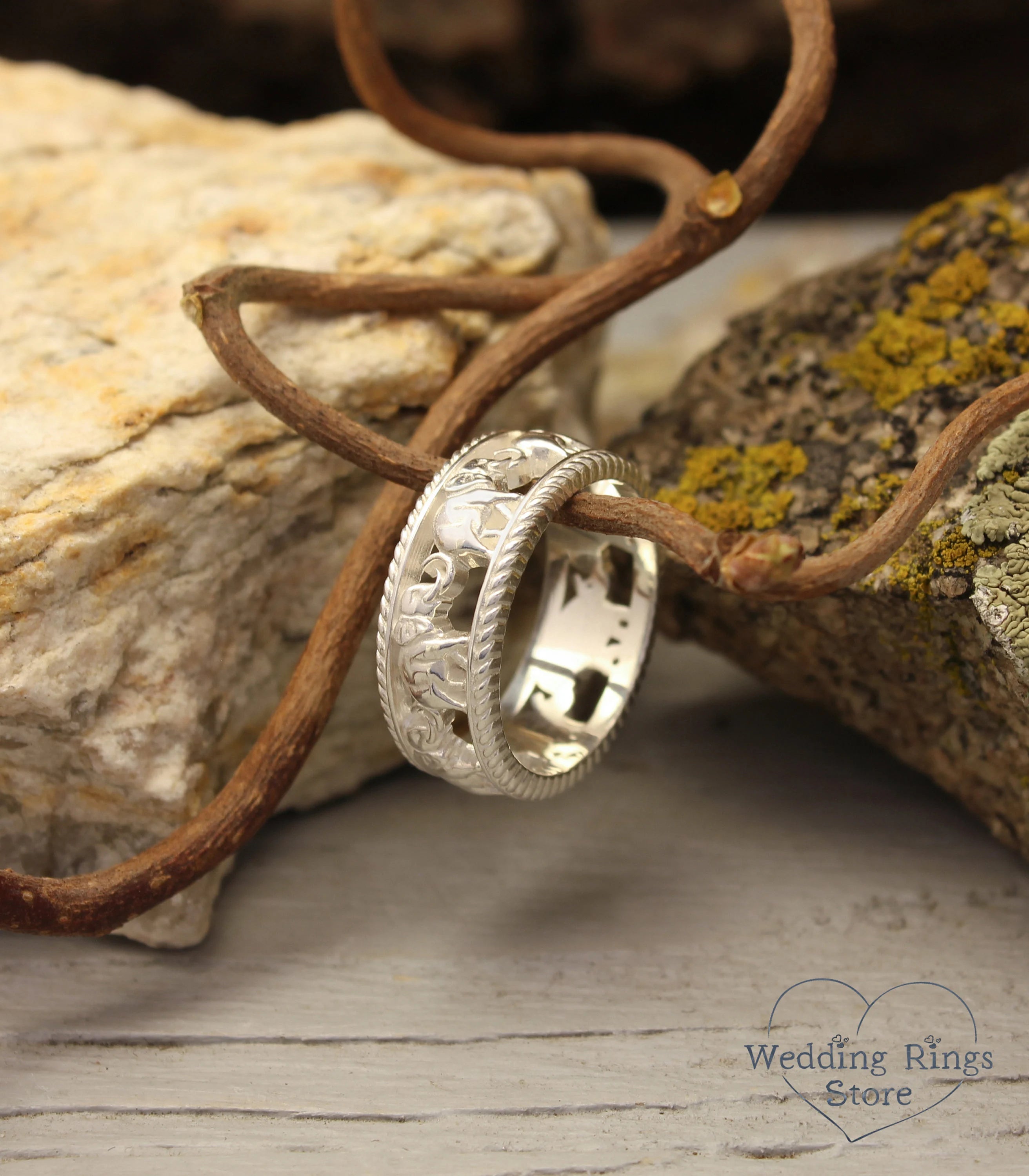 Elephant pattern Silver Ring and Unusual Animal Wedding Band