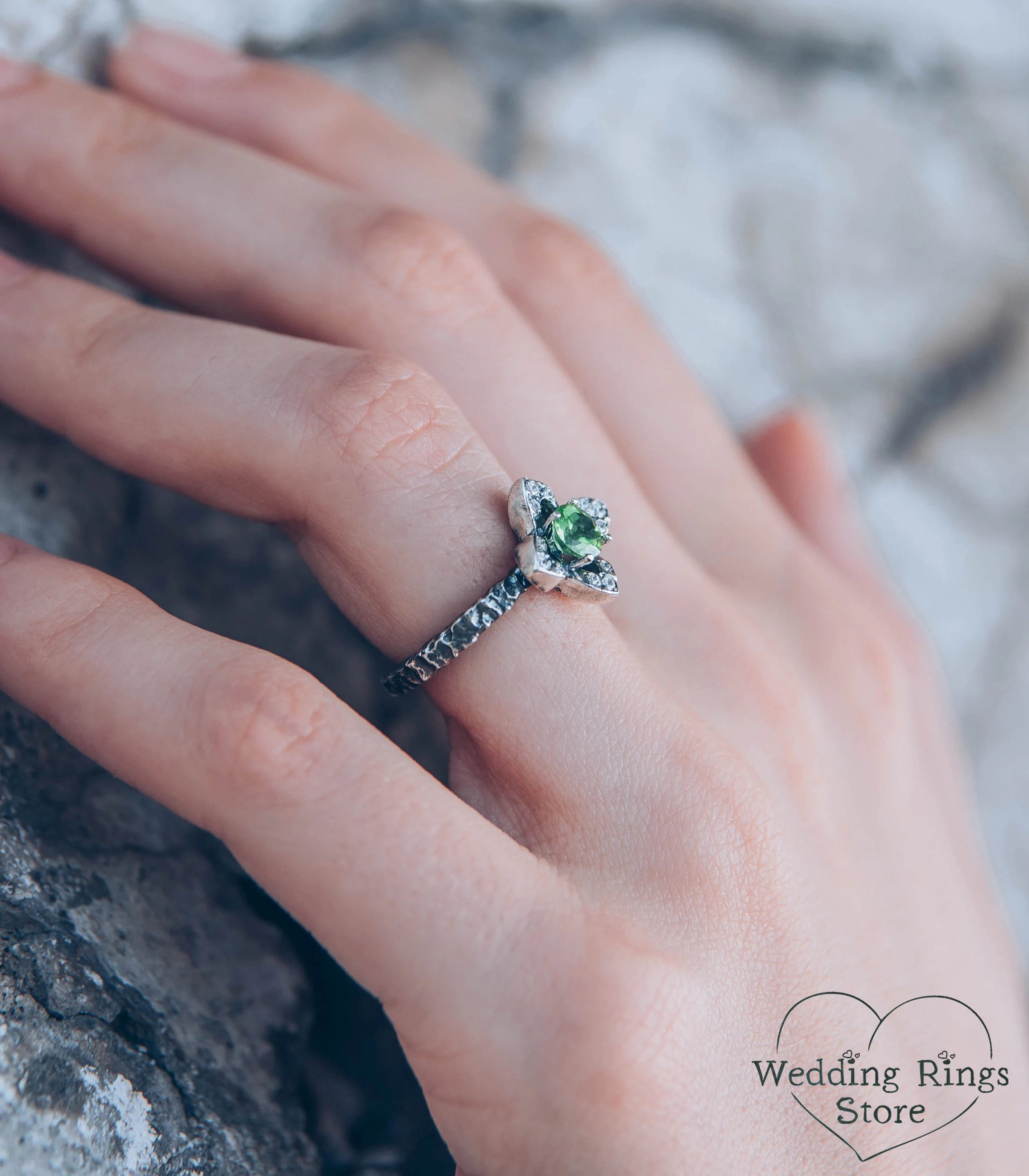 Peridot Flower Engagement Ring Quatrefoil Hammered Band