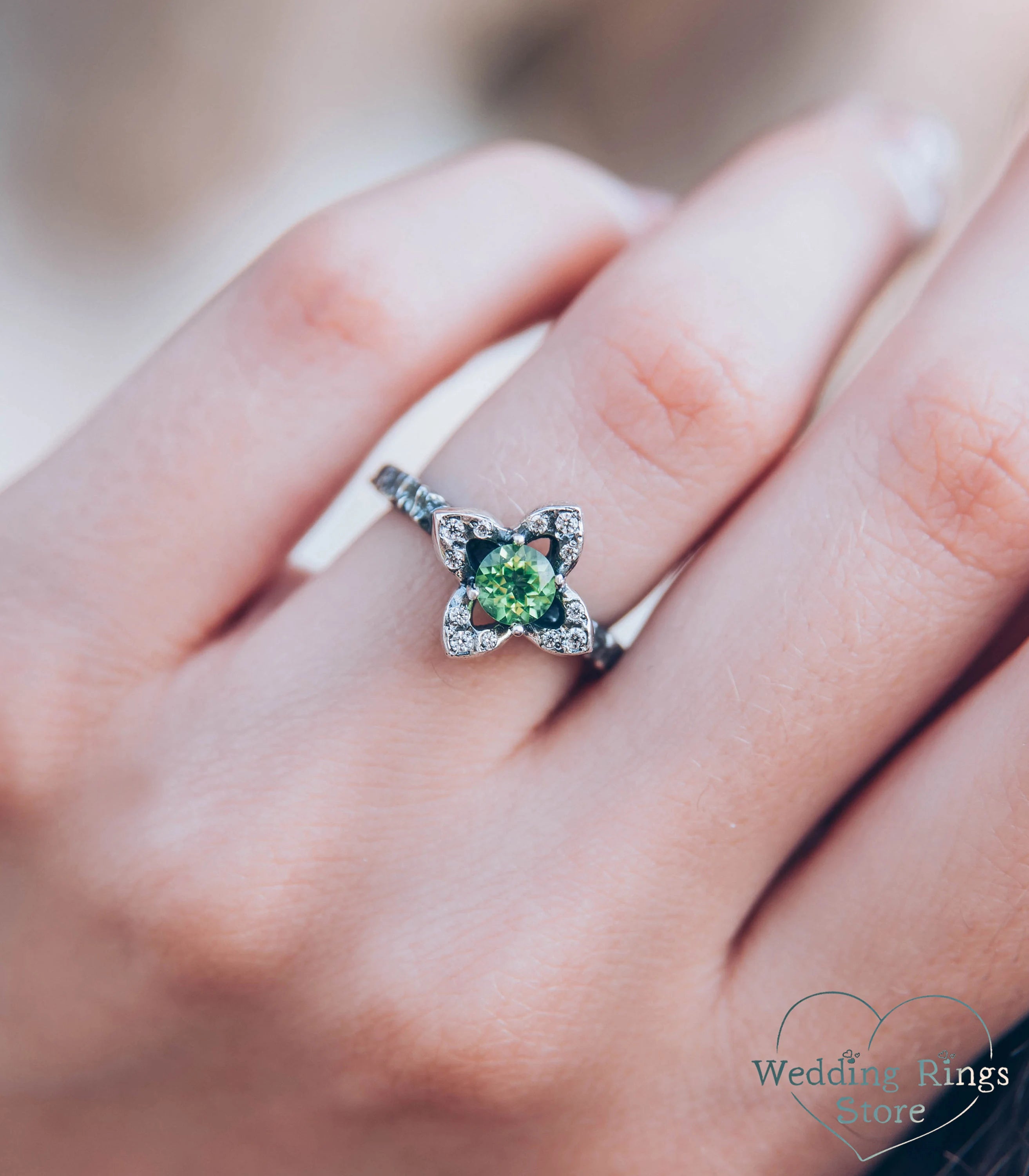 Peridot Flower Engagement Ring Quatrefoil Hammered Band