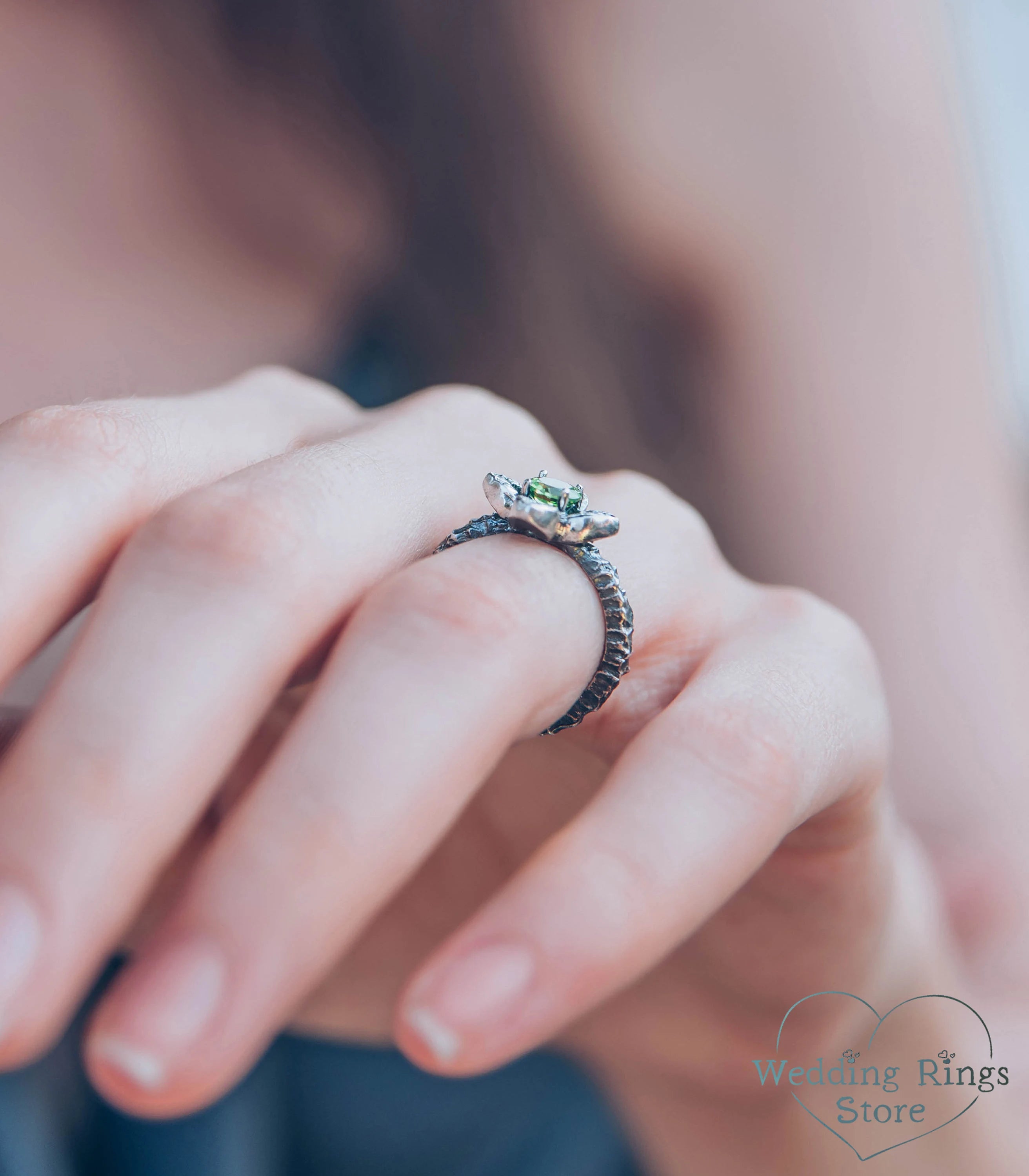 Peridot Flower Engagement Ring Quatrefoil Hammered Band