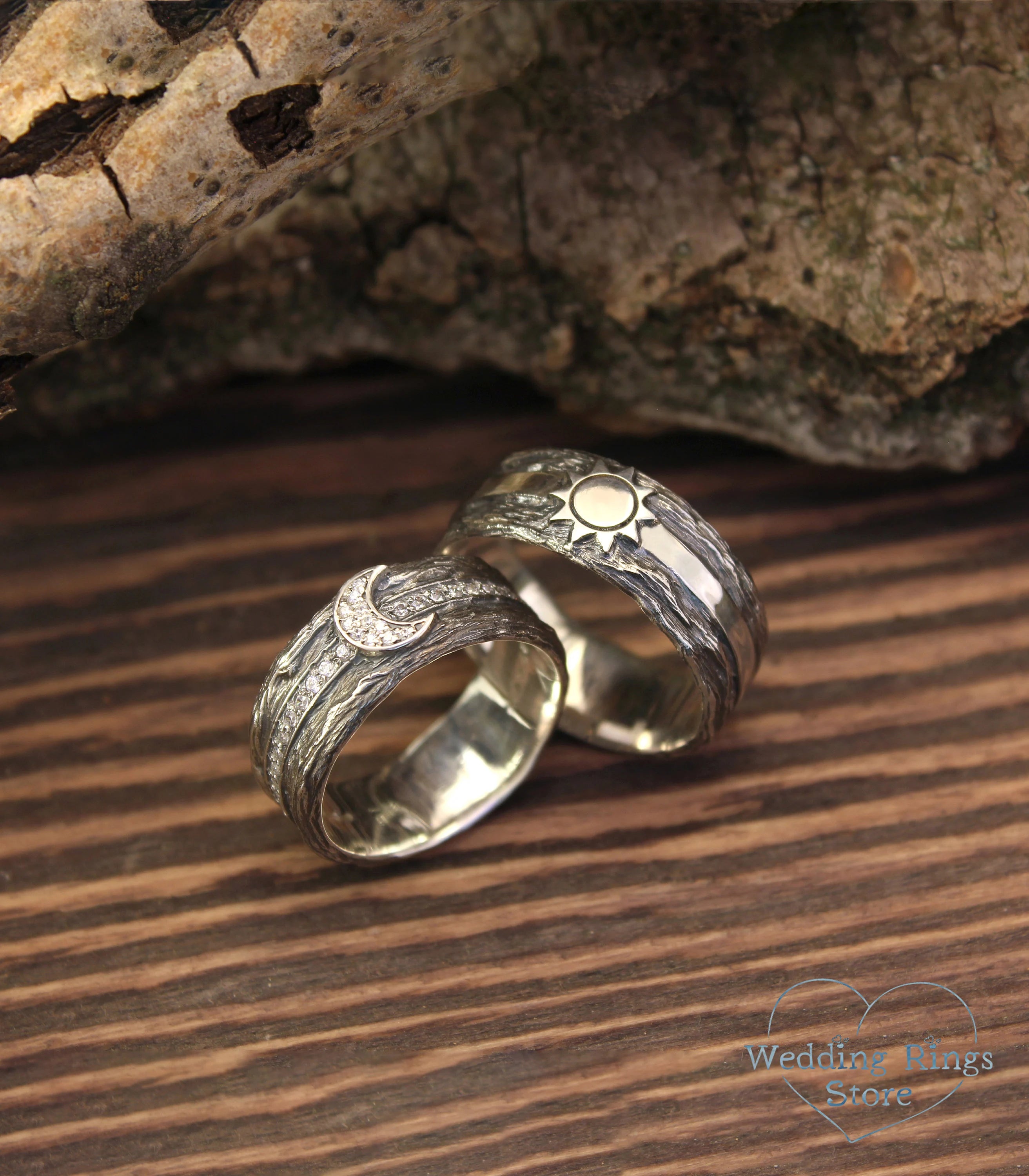 Sun and Moon Couple Wedding Bands Set Sterling Silver