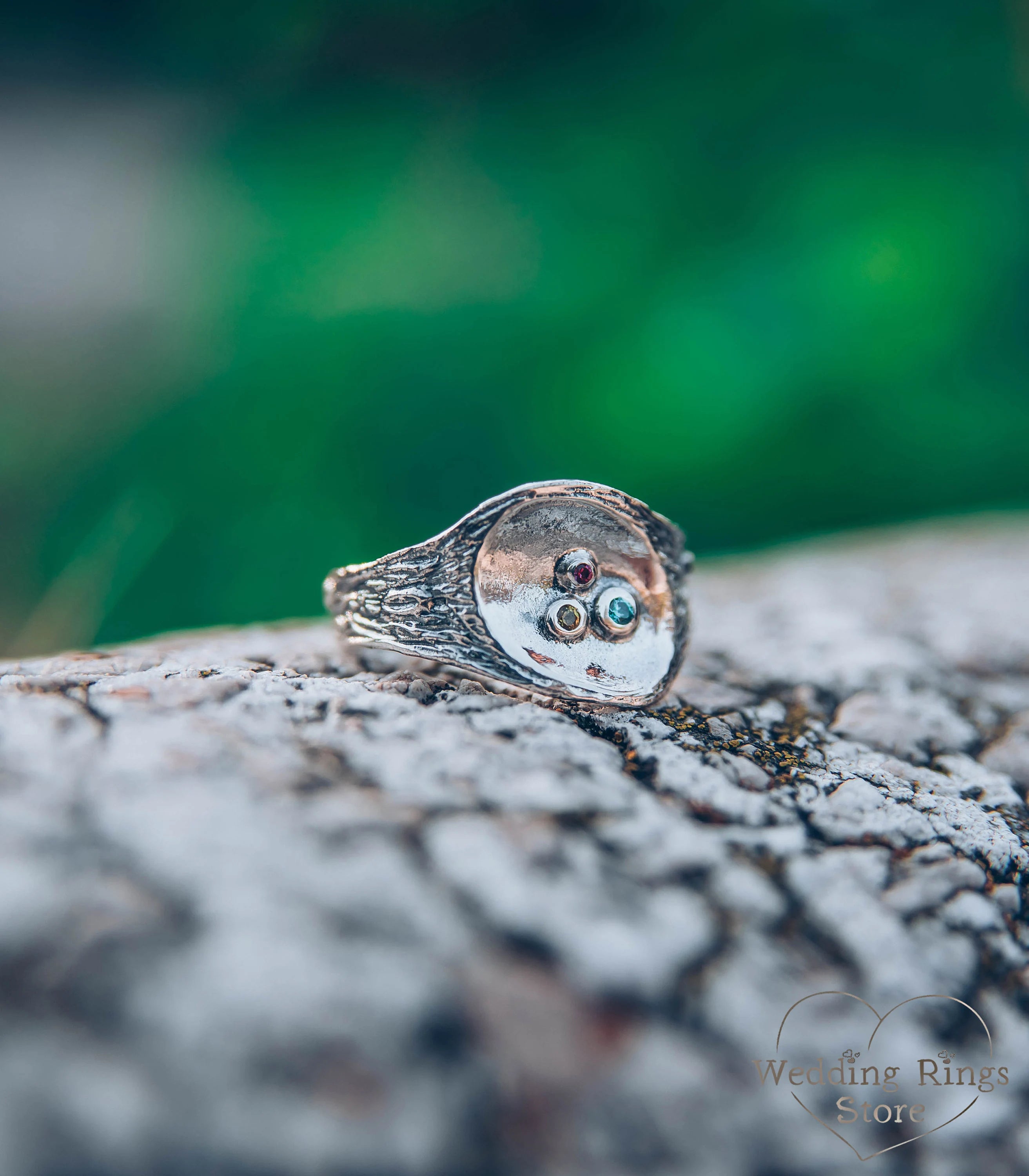 Three Custom Birthstones Silver Branch Nature Ring