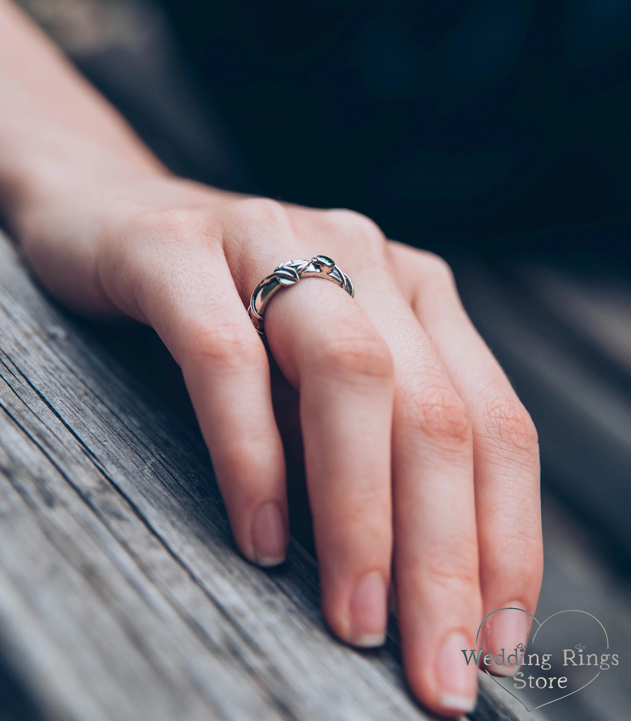 Emerald Gemstone dainty Women's Silver Engagement Ring