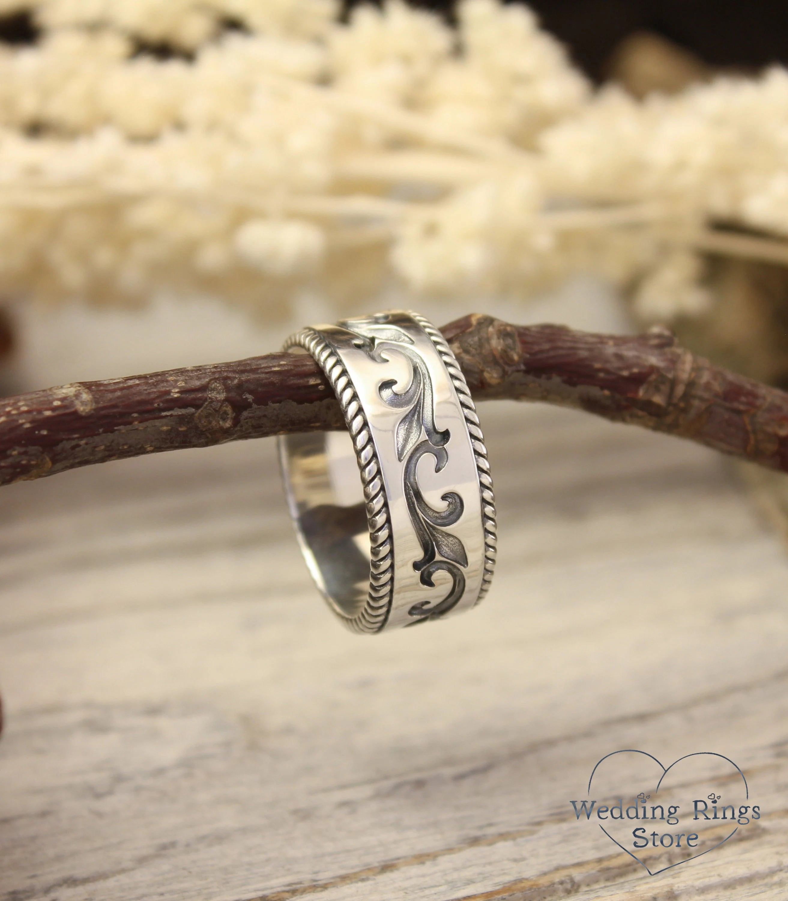 Durable Silver Vintage style Vine Ring — Unisex Massive Wedding Band