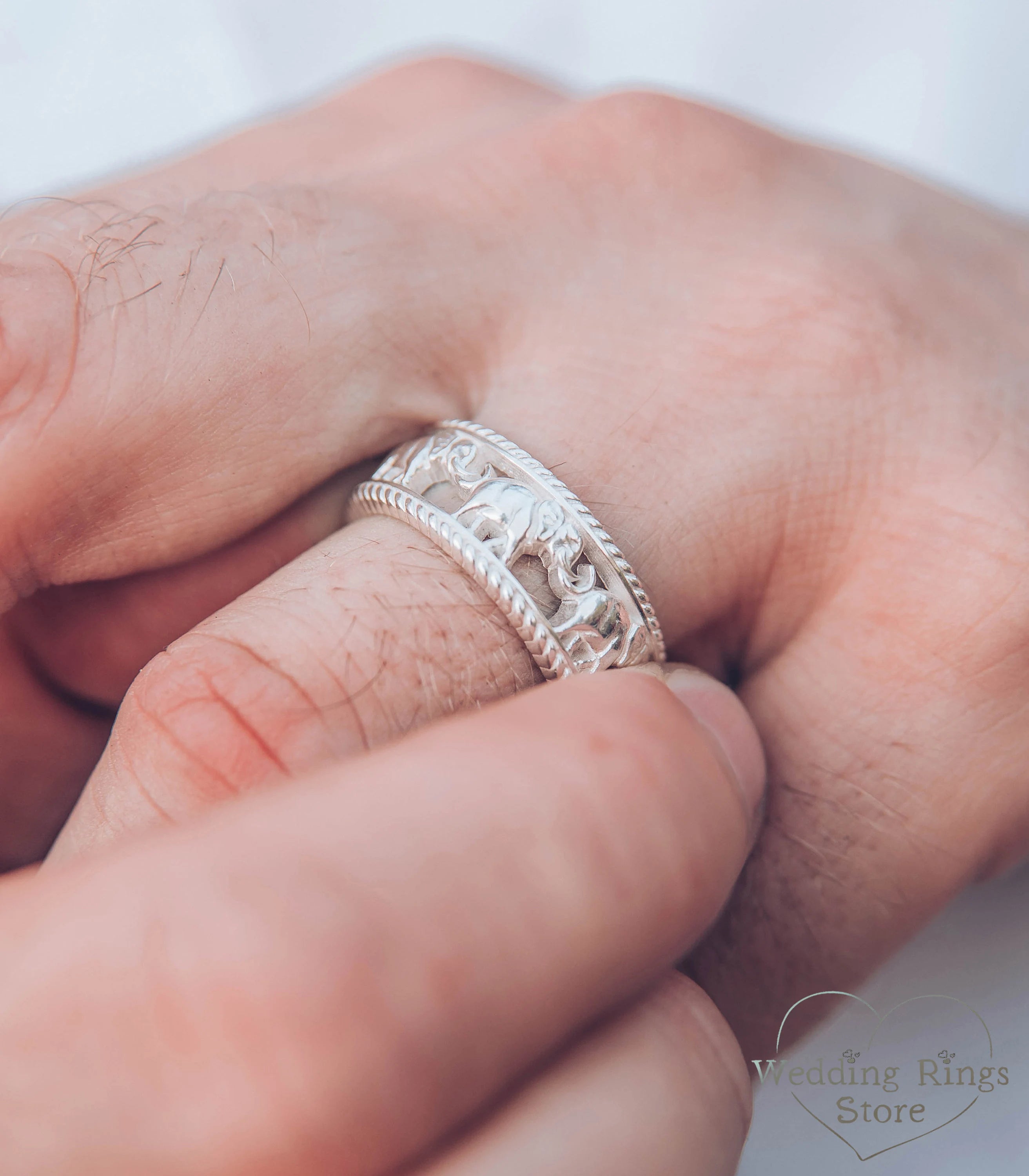 Elephant pattern Silver Ring and Unusual Animal Wedding Band