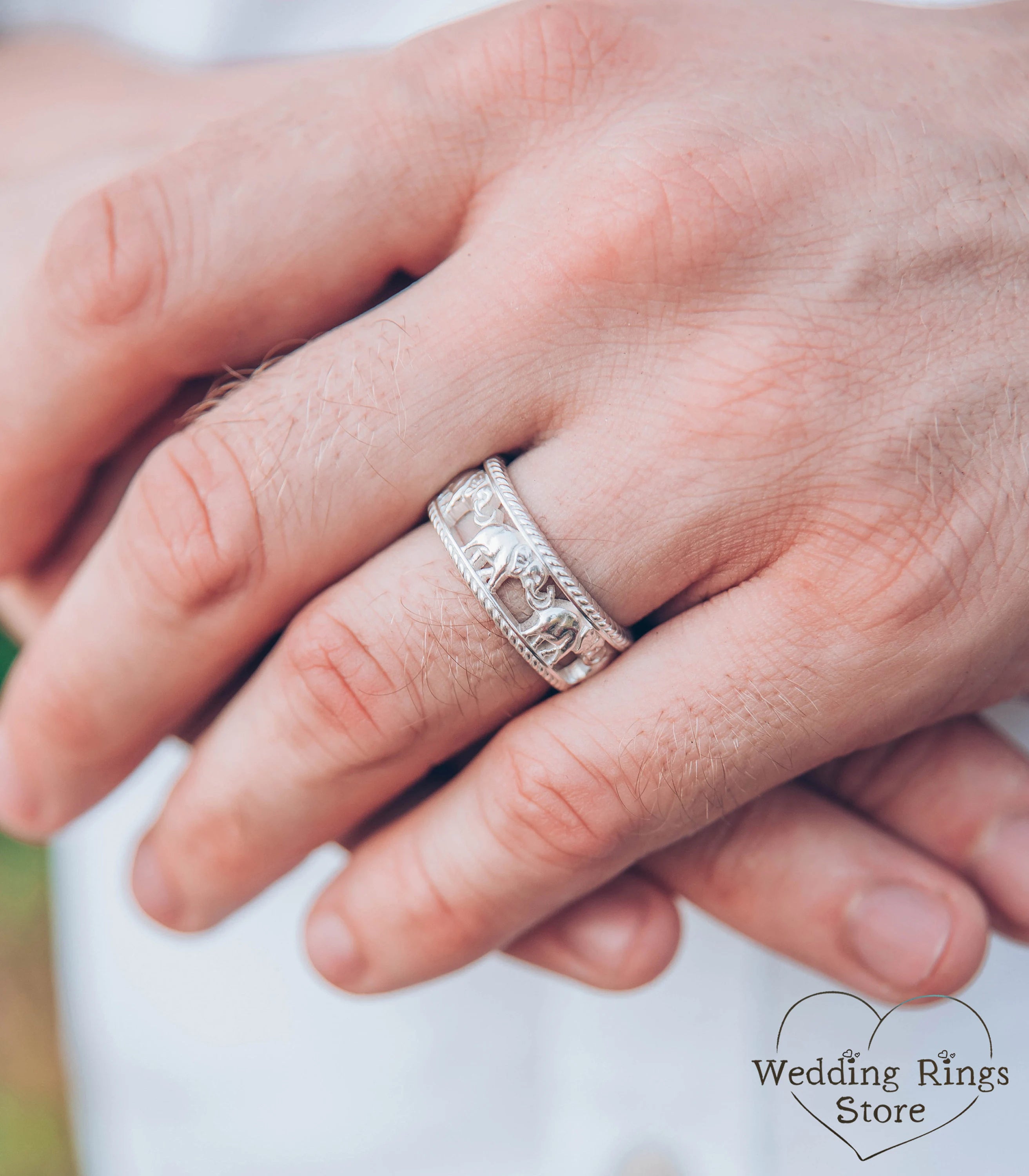 Elephant pattern Silver Ring and Unusual Animal Wedding Band