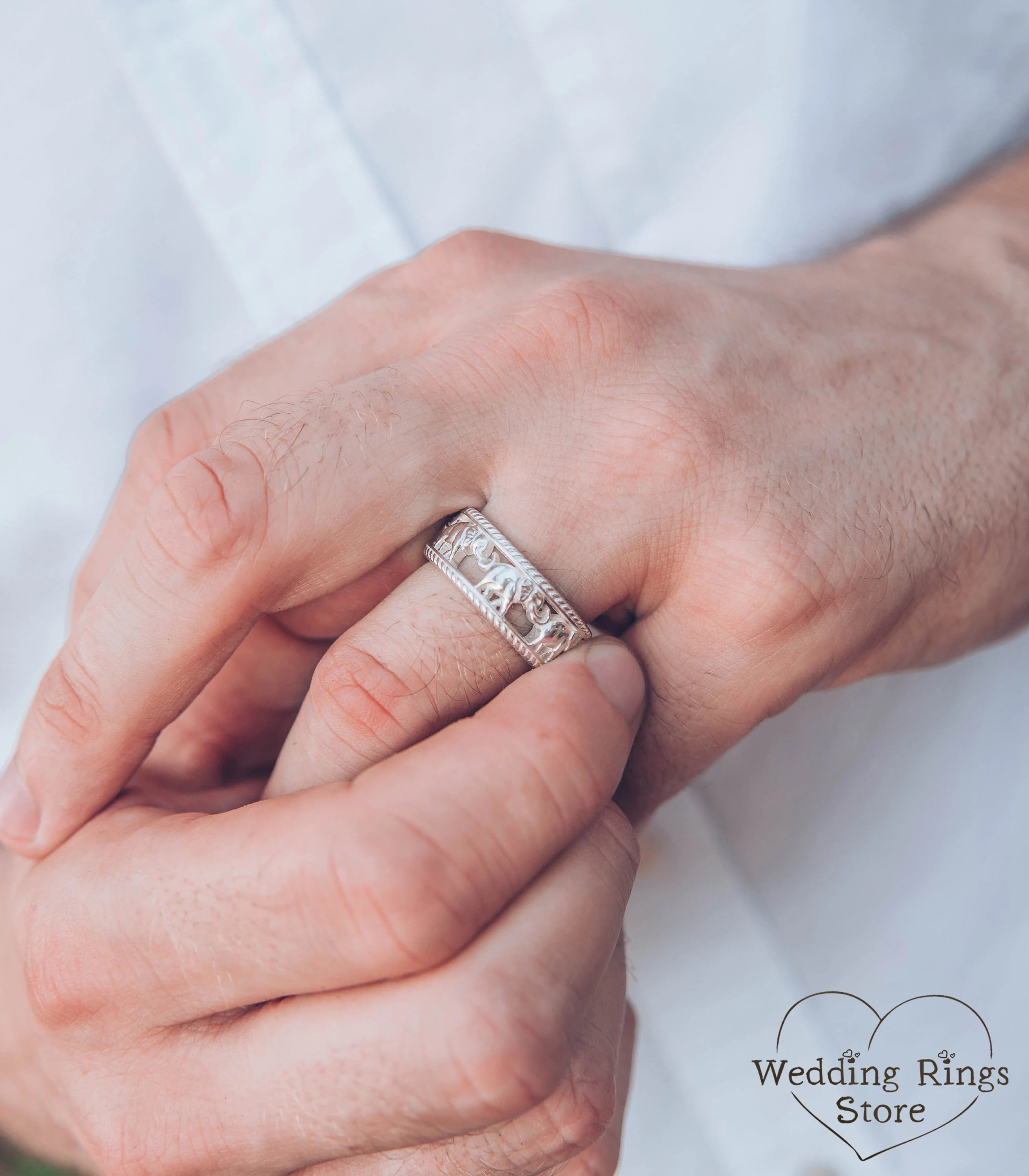 Elephant pattern Silver Ring and Unusual Animal Wedding Band