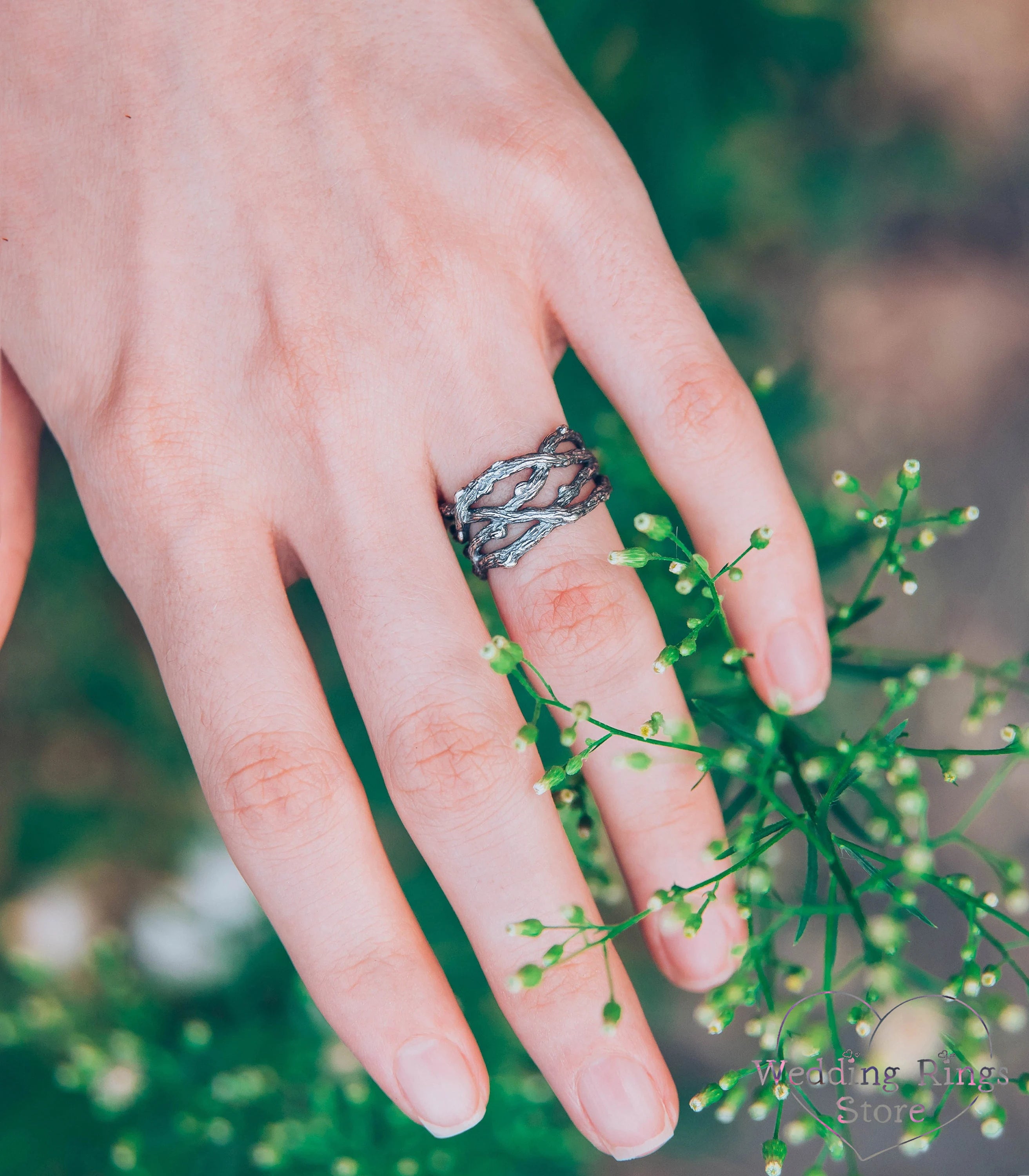 Intertwined Branches in Unique Women's Wide Silver Ring