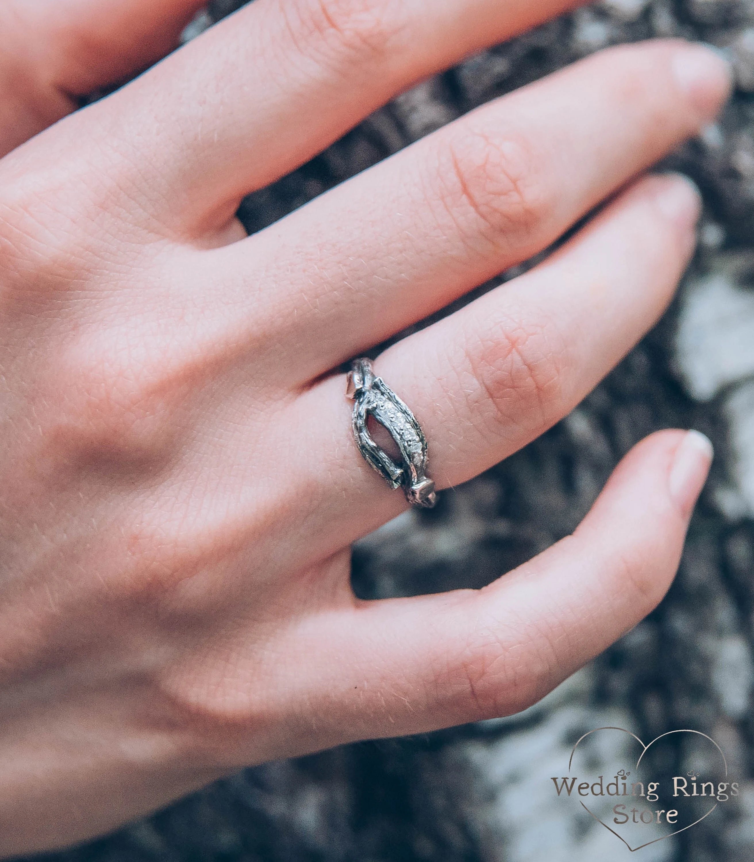 Silver Elvish Ring with shiny Leaves and Branch adorned with Gems