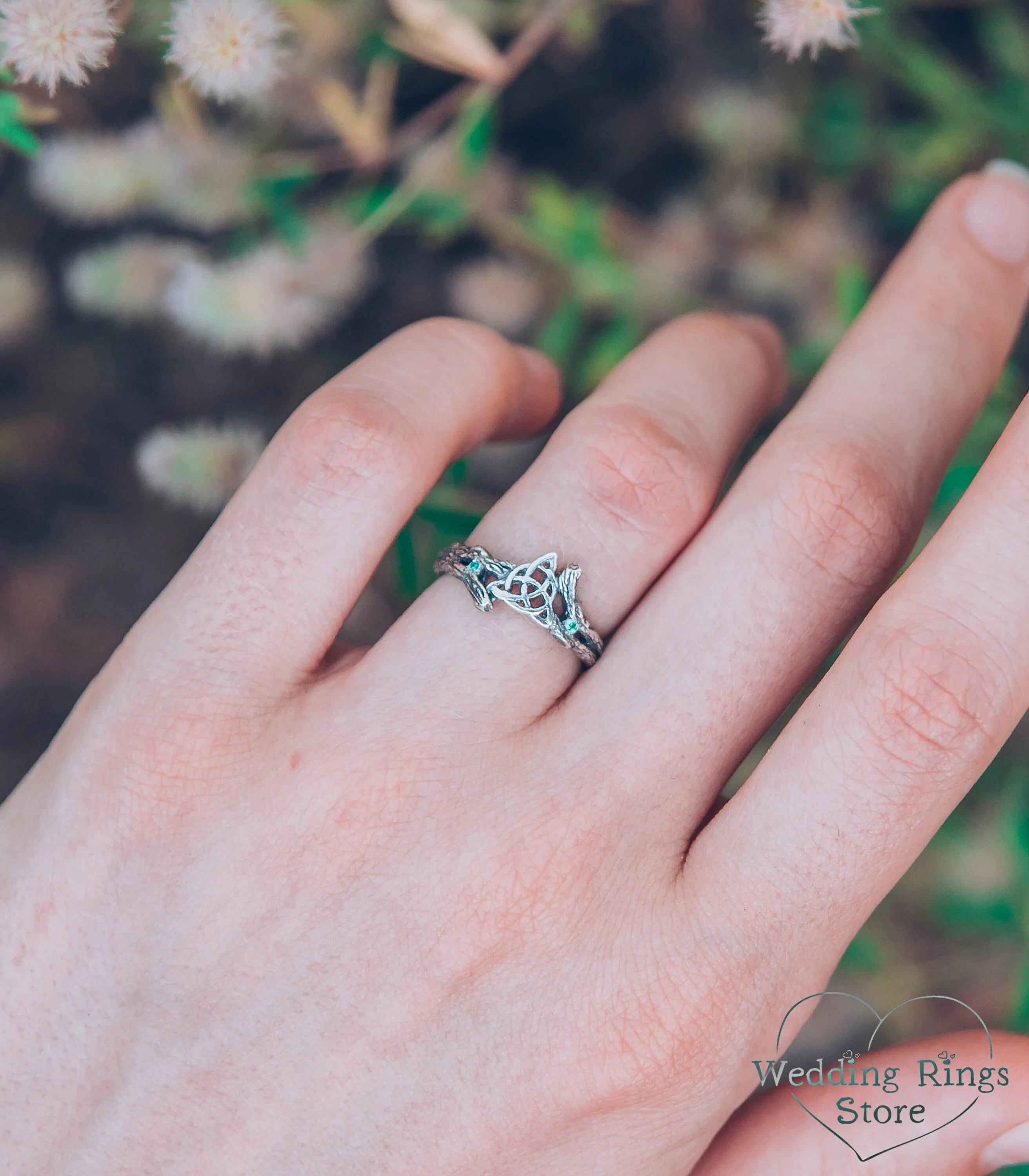 Celtic Triquetra & Emerald Silver Tiny Branch Ring