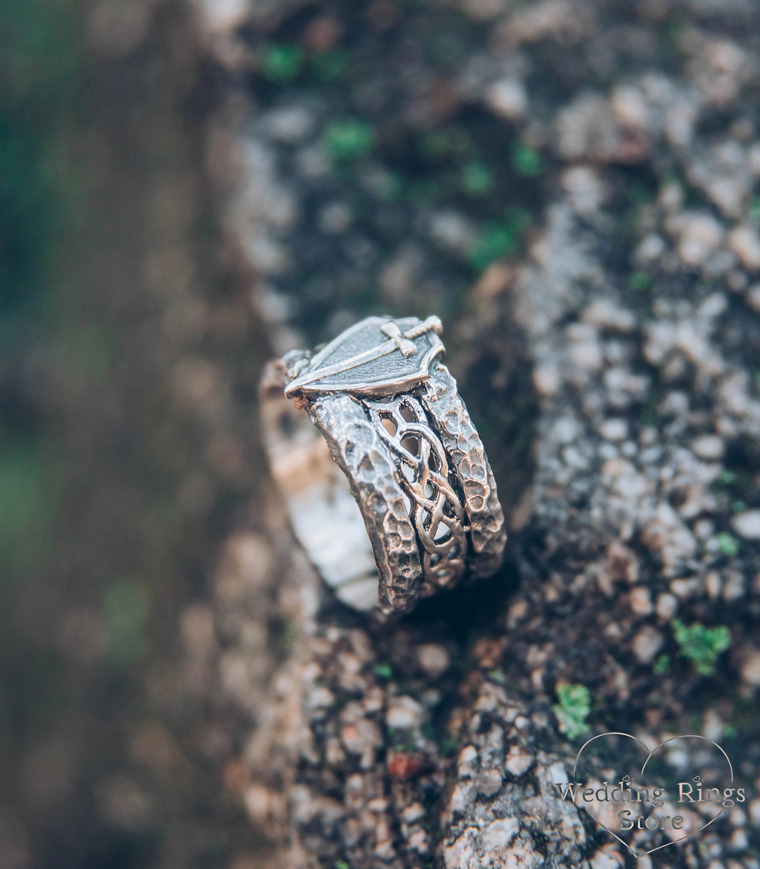 Wide Silver Men's Sword and Shield Ring Hammered Edges