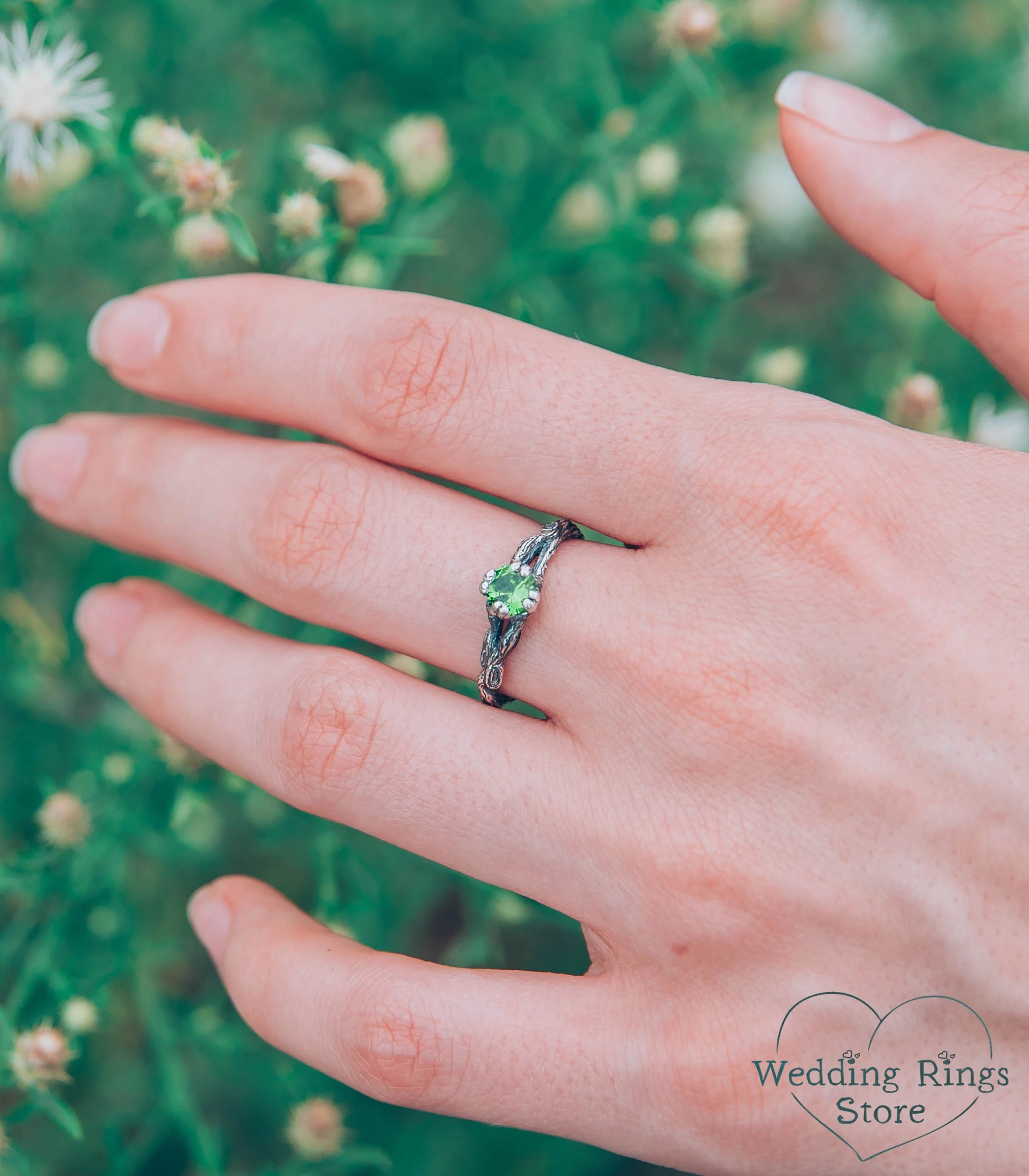 Solitaire Emerald & Silver Tiny Branch Engagement Ring