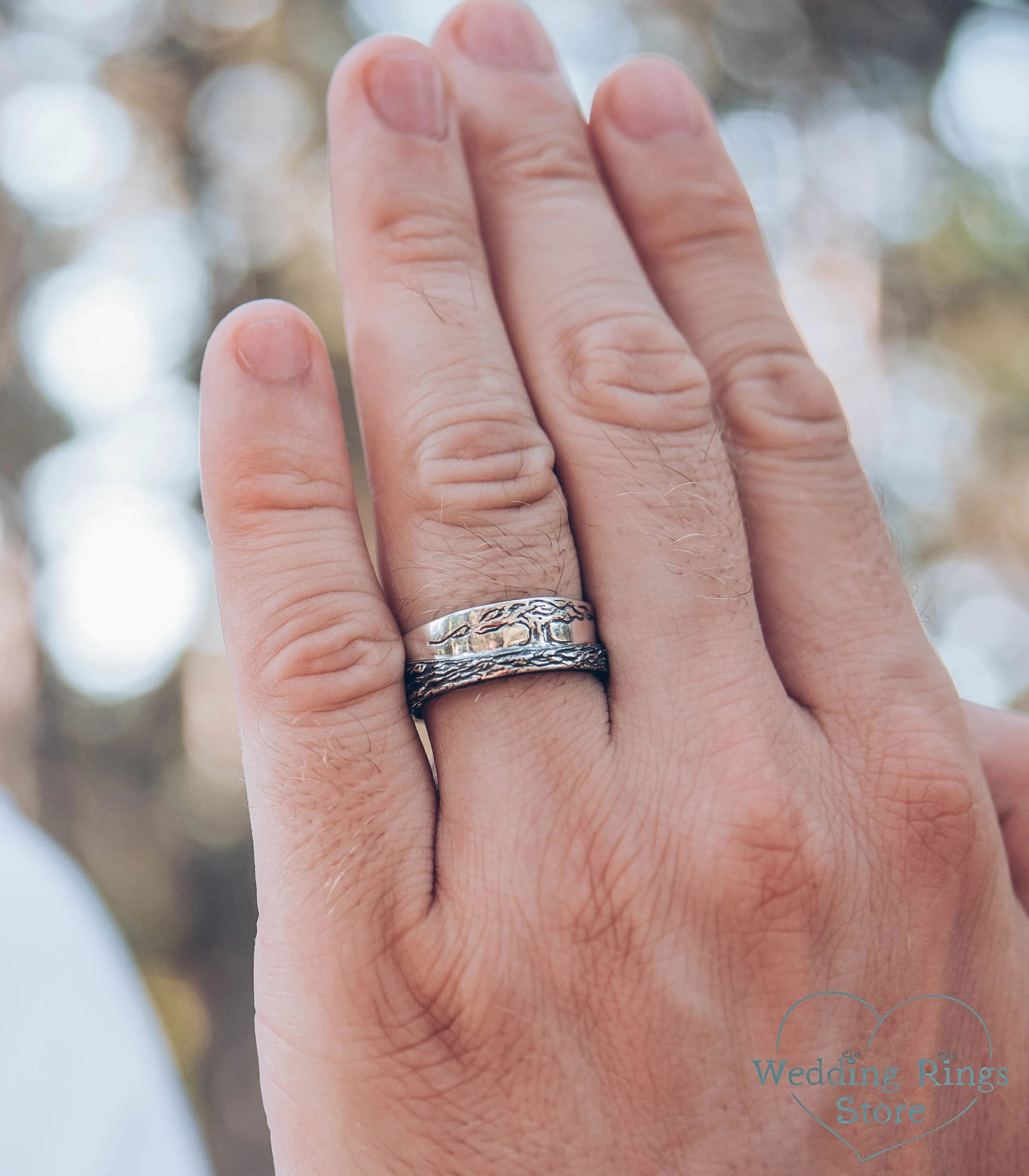 Engraved Tree and Woodbark Silver Men's Wedding Band