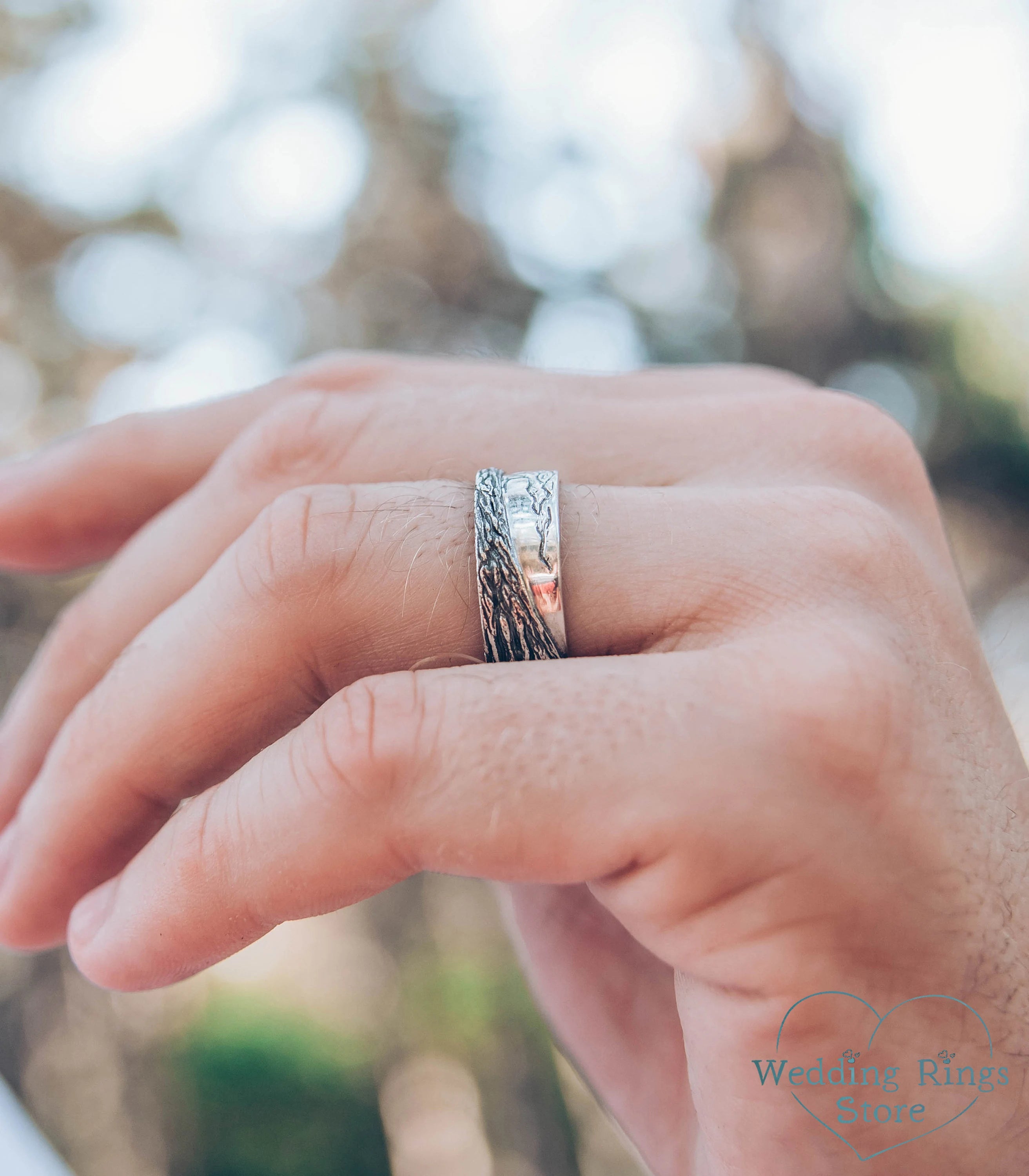 Engraved Tree and Woodbark Silver Men's Wedding Band