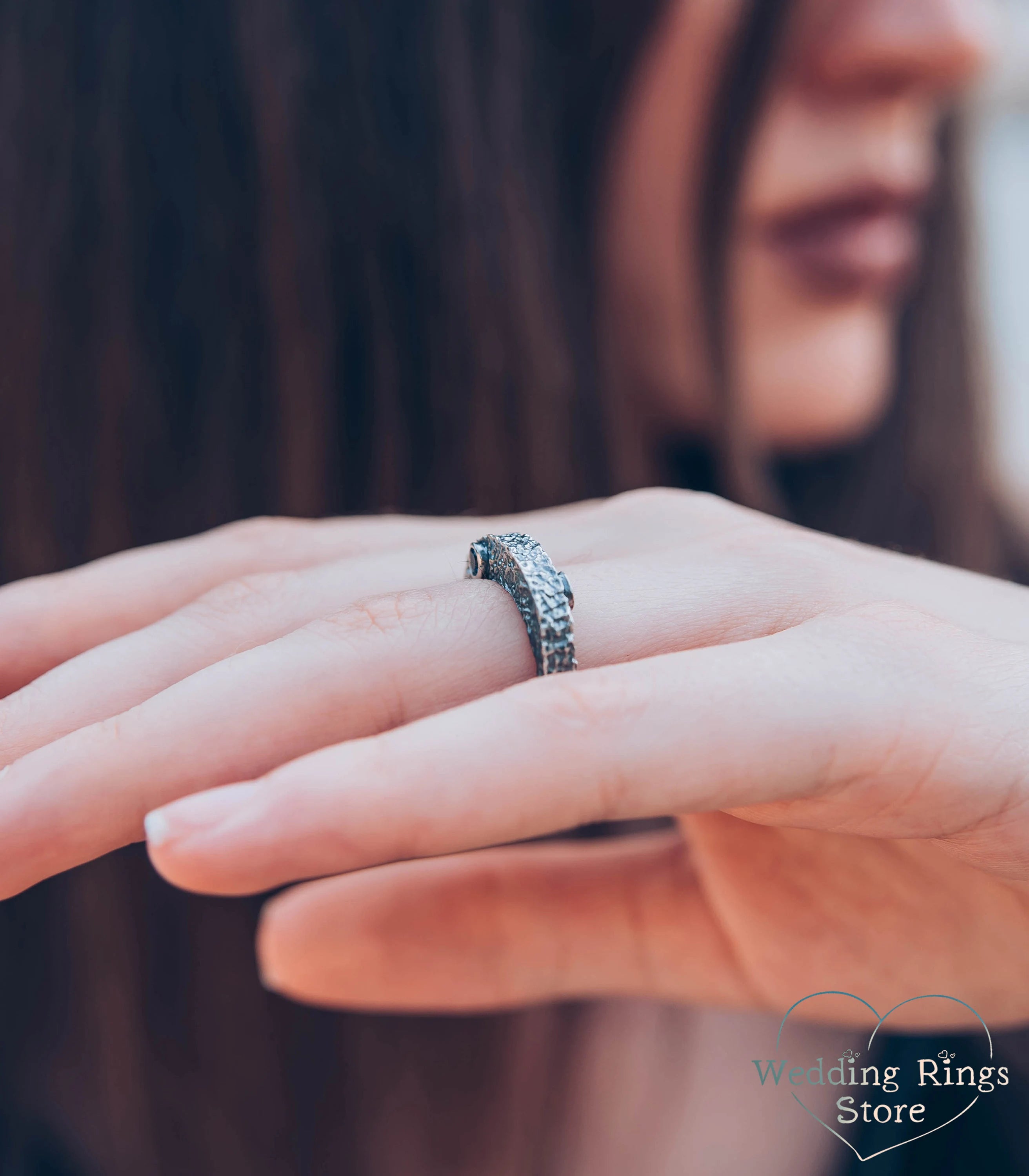 Unique Silver Rocky Hammered Lava Ring with Sapphire