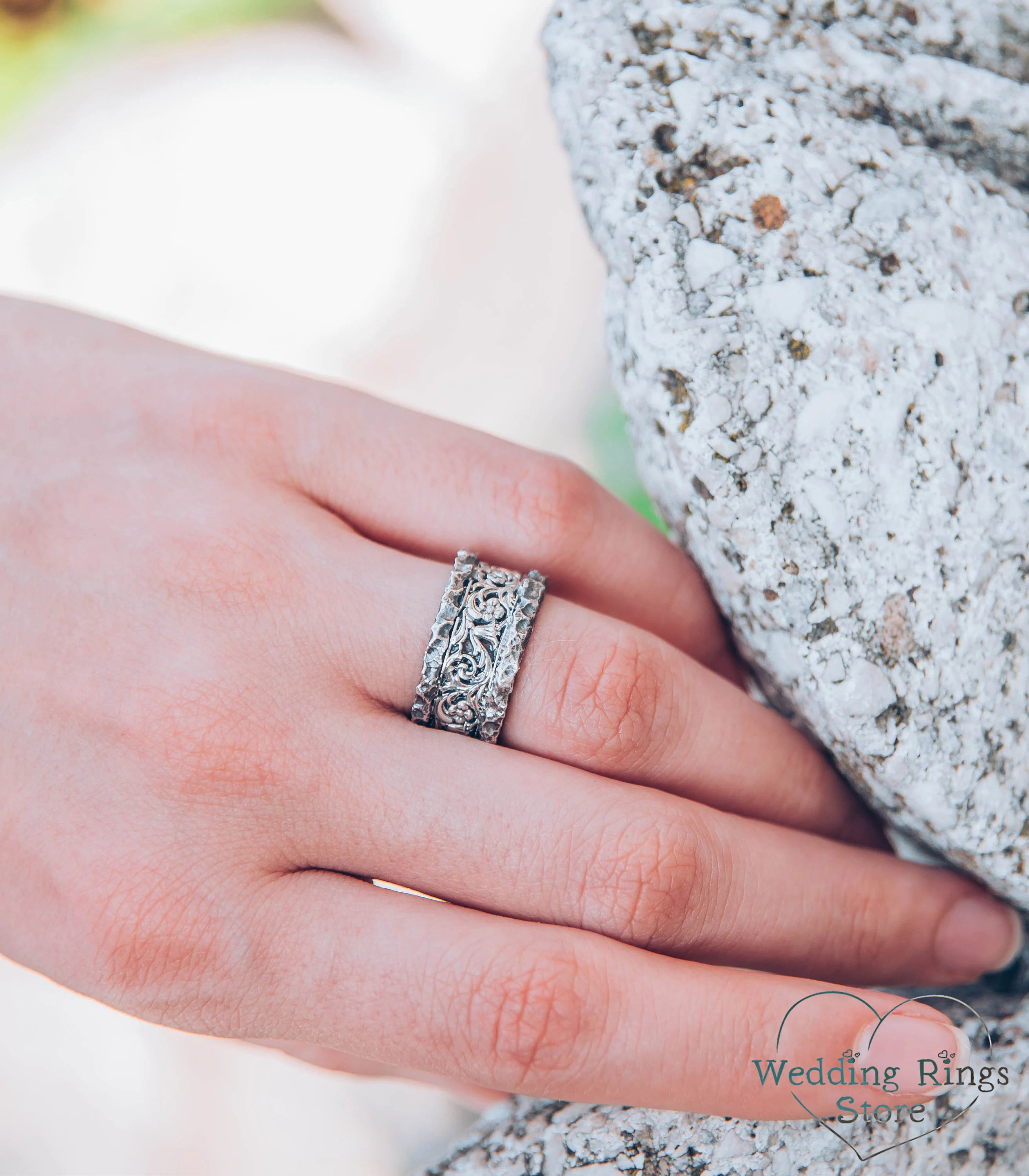 Vine & Flower Ring with Vintage Silver Hammered texture