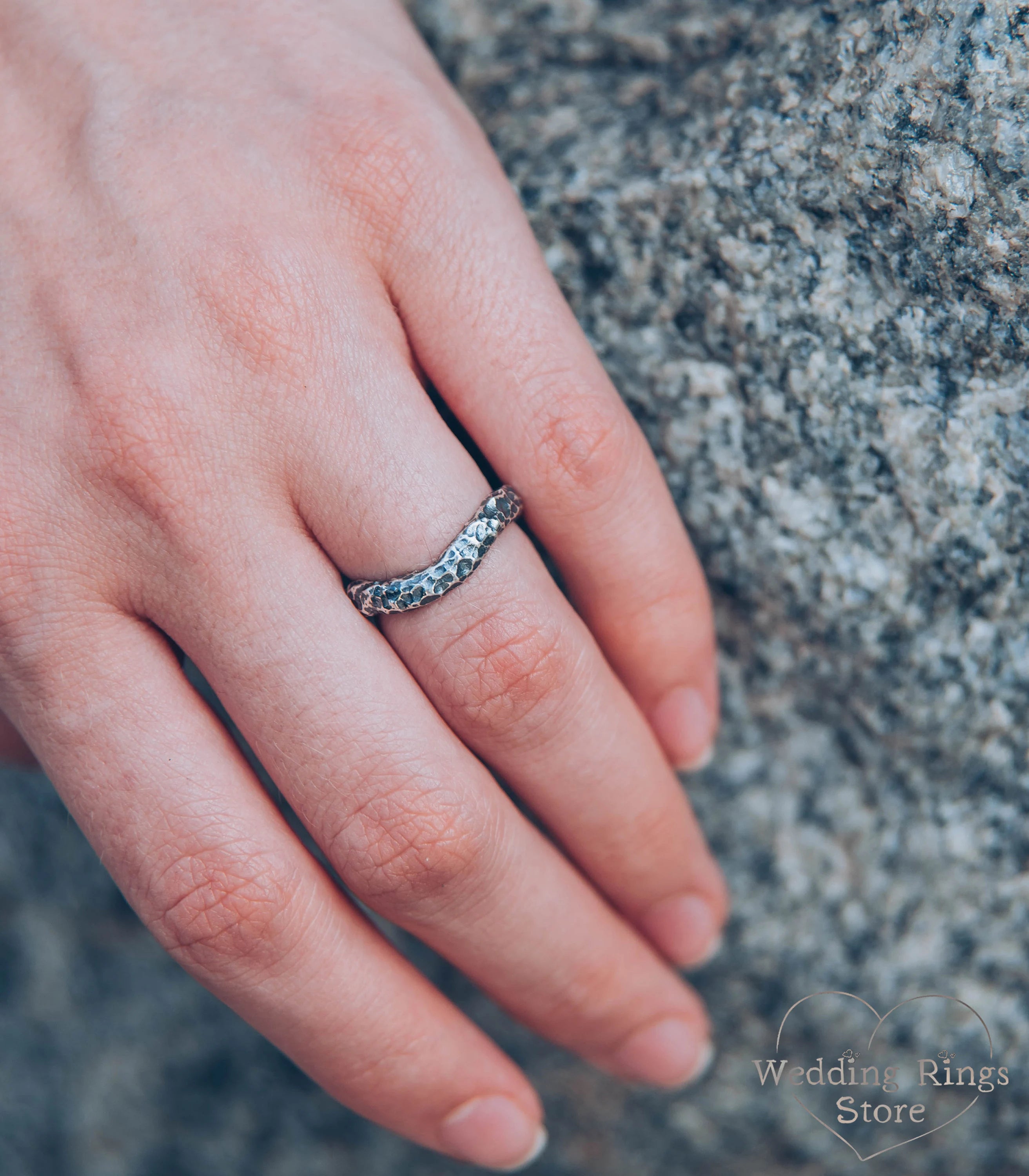 Sterling Silver Hammered V-Ring Brutalist Rough Surface