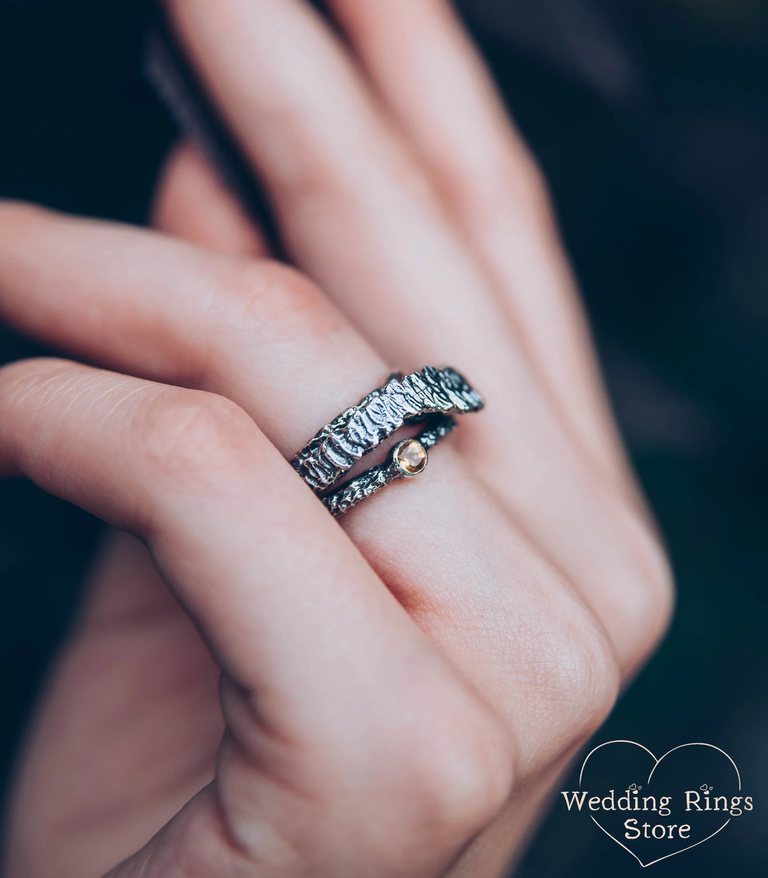 Hammered Silver Tree bark Ring Band with Citrines