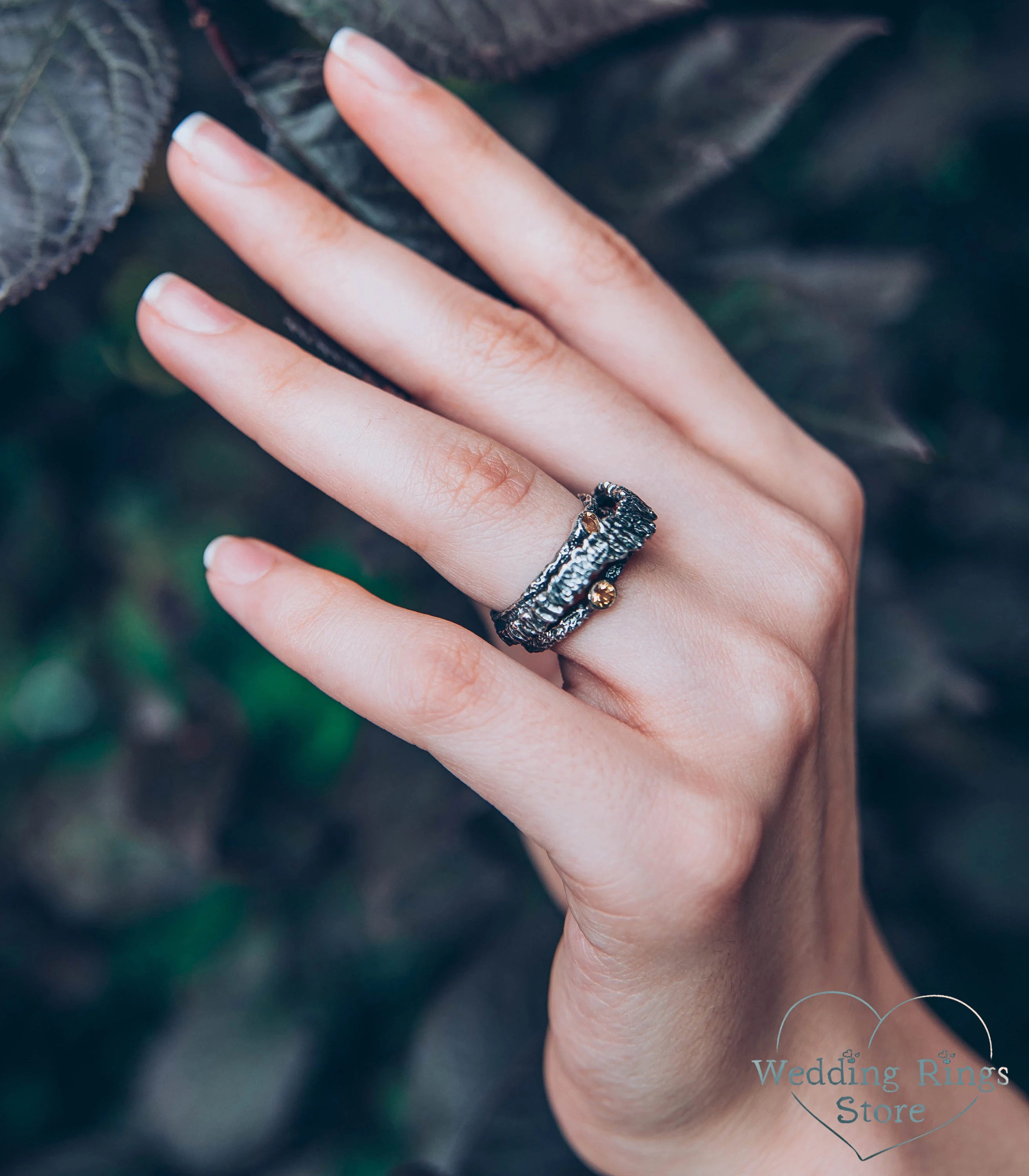 Hammered Silver Tree bark Ring Band with Citrines