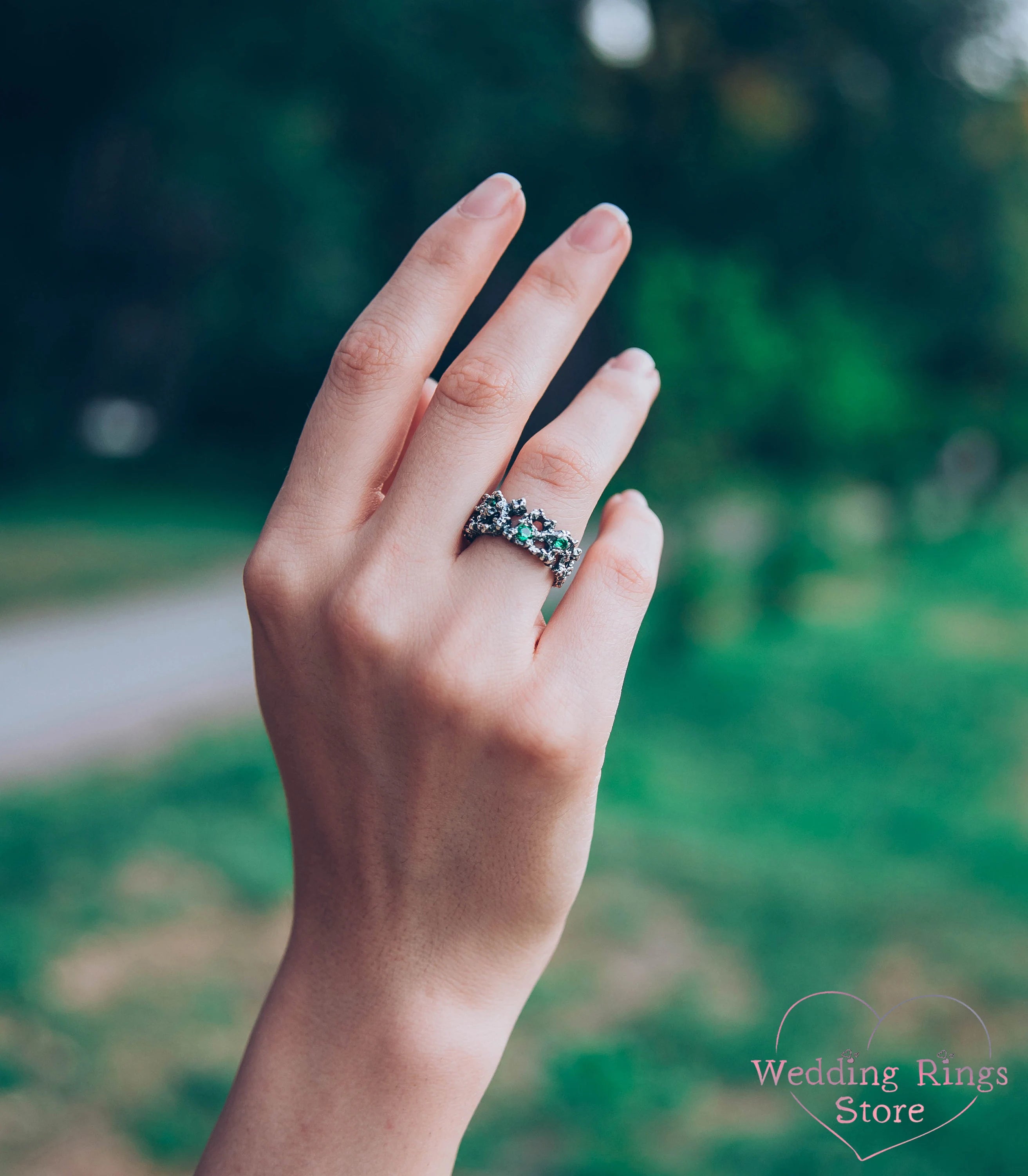 Unique Engagement Coral Ring with Emeralds Ocean Inspired