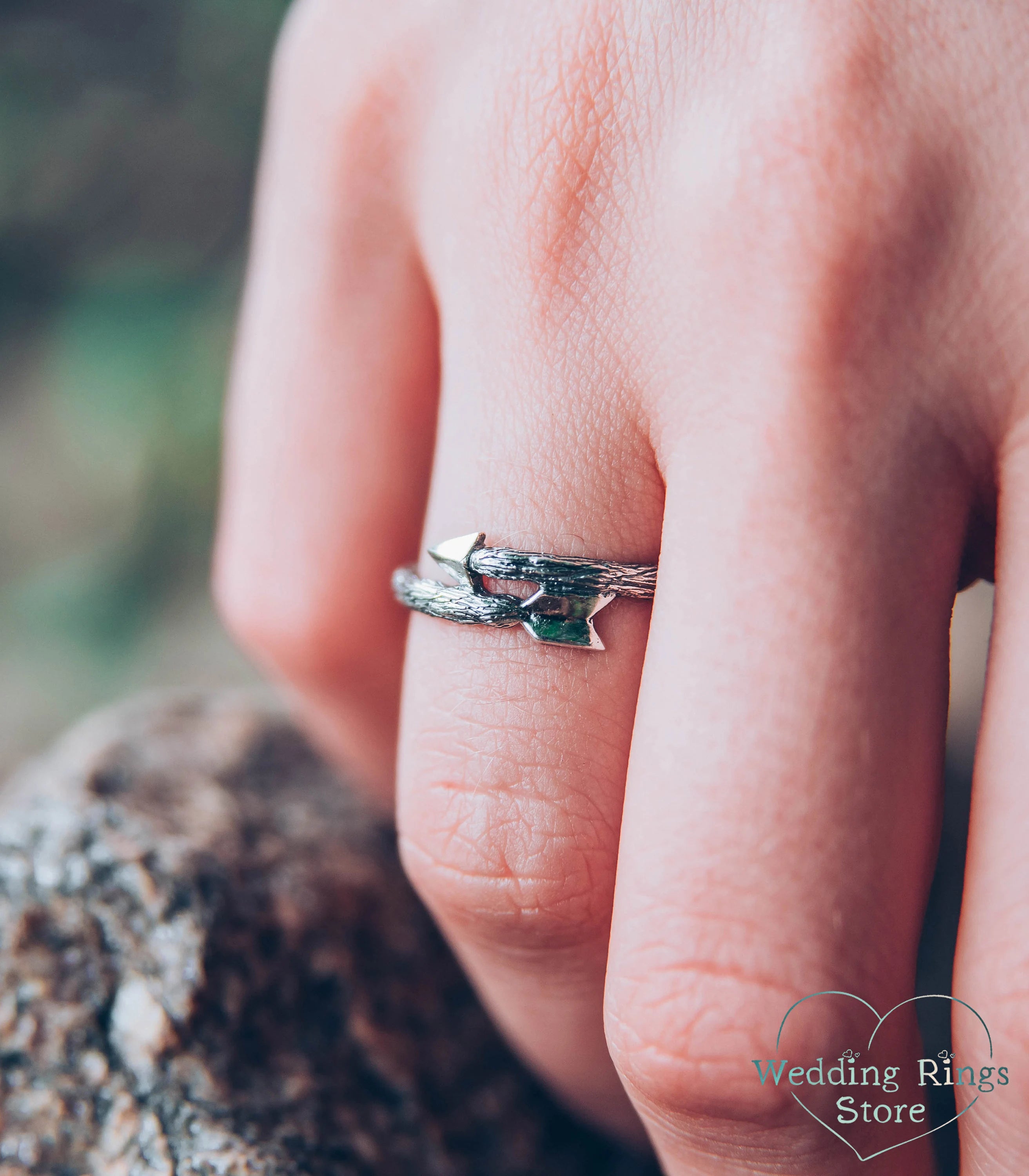 Dainty Cupid Arrow Ring in Silver Tree Bark