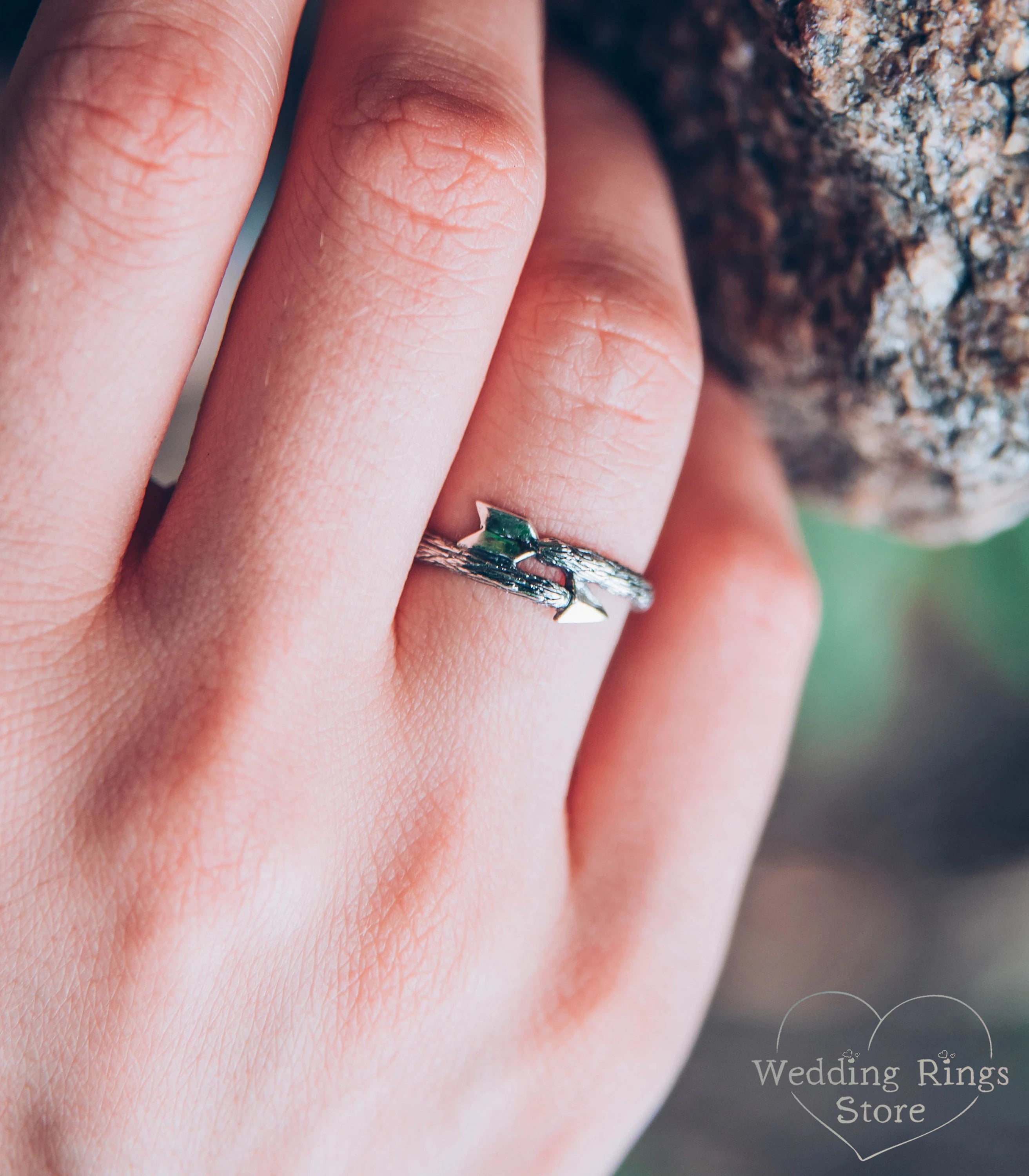 Dainty Cupid Arrow Ring in Silver Tree Bark