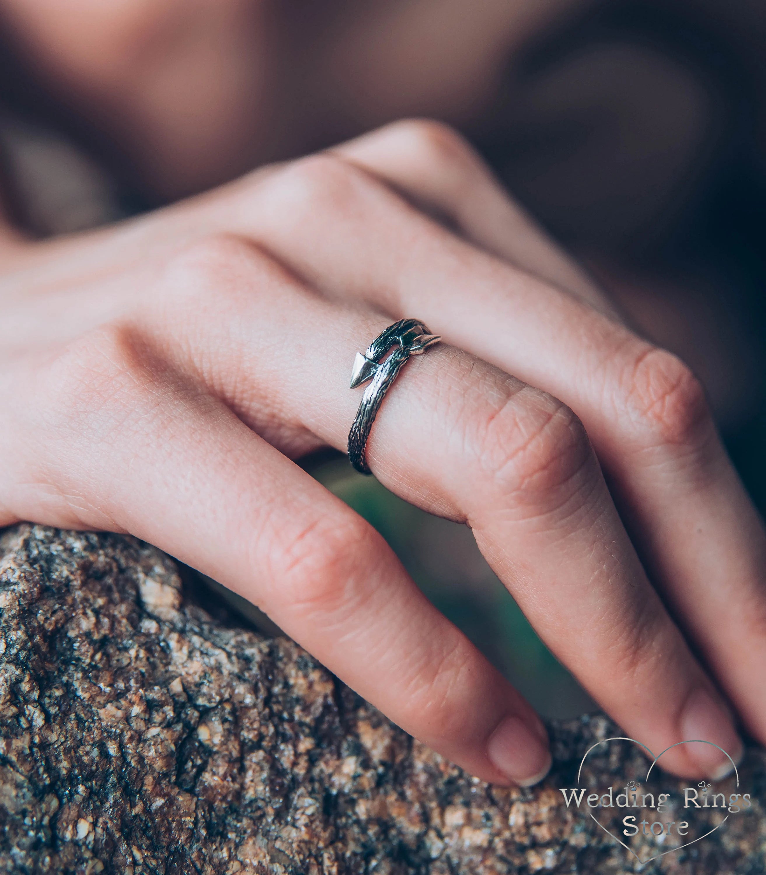 Dainty Cupid Arrow Ring in Silver Tree Bark