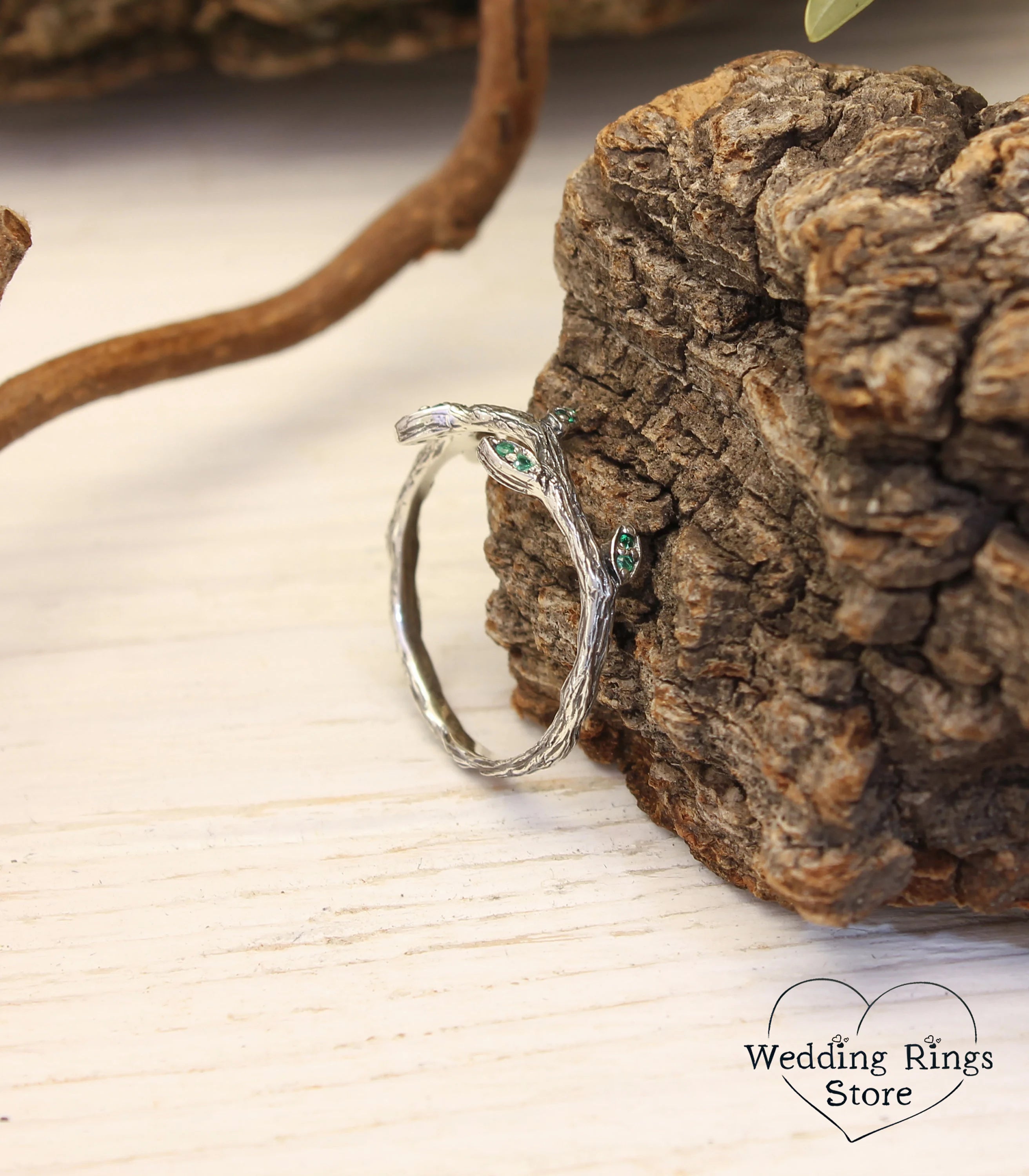 Tiny Branch with Leaves Ring — Emerald Engagement Ring