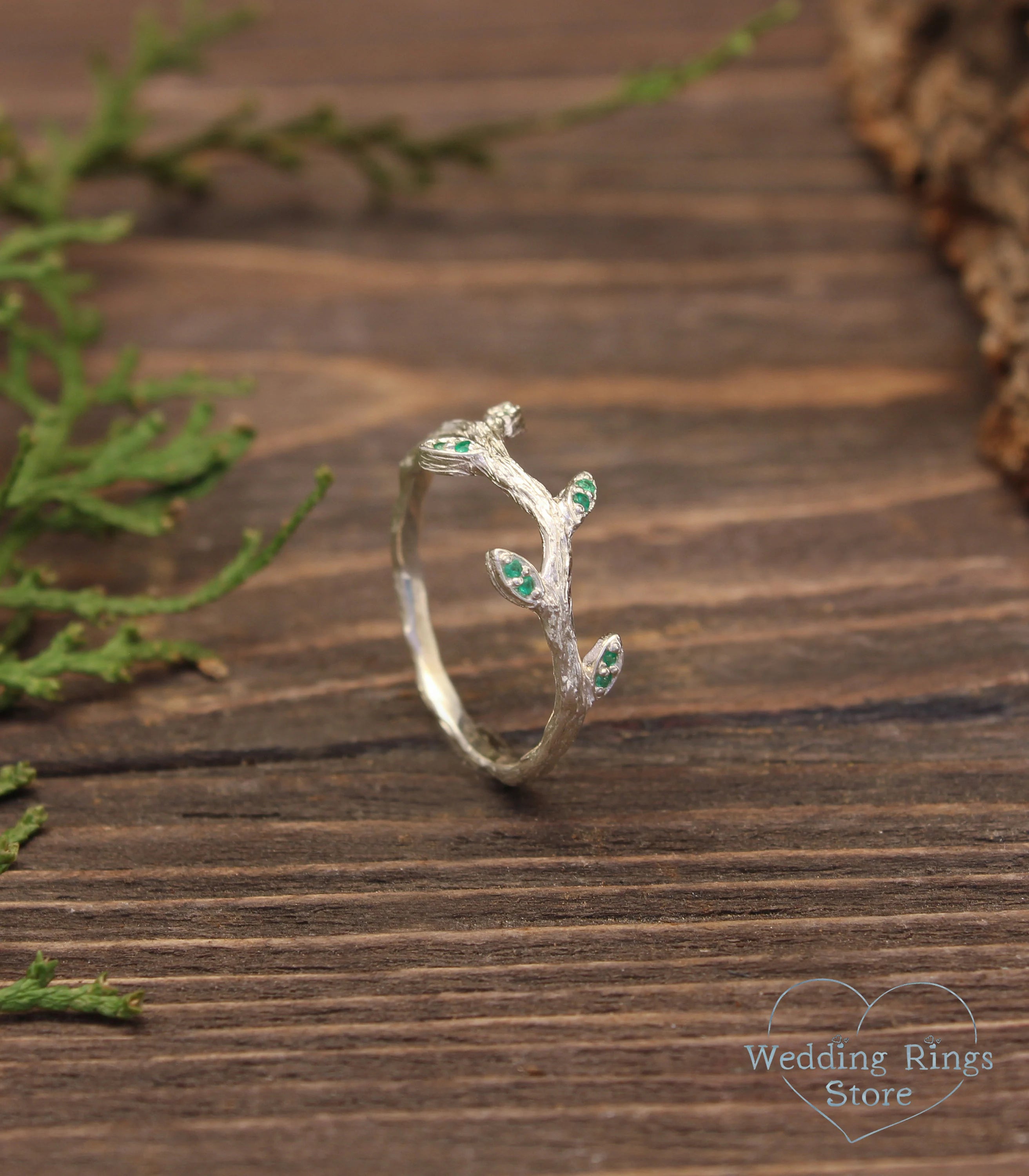 Tiny Branch with Leaves Ring — Emerald Engagement Ring