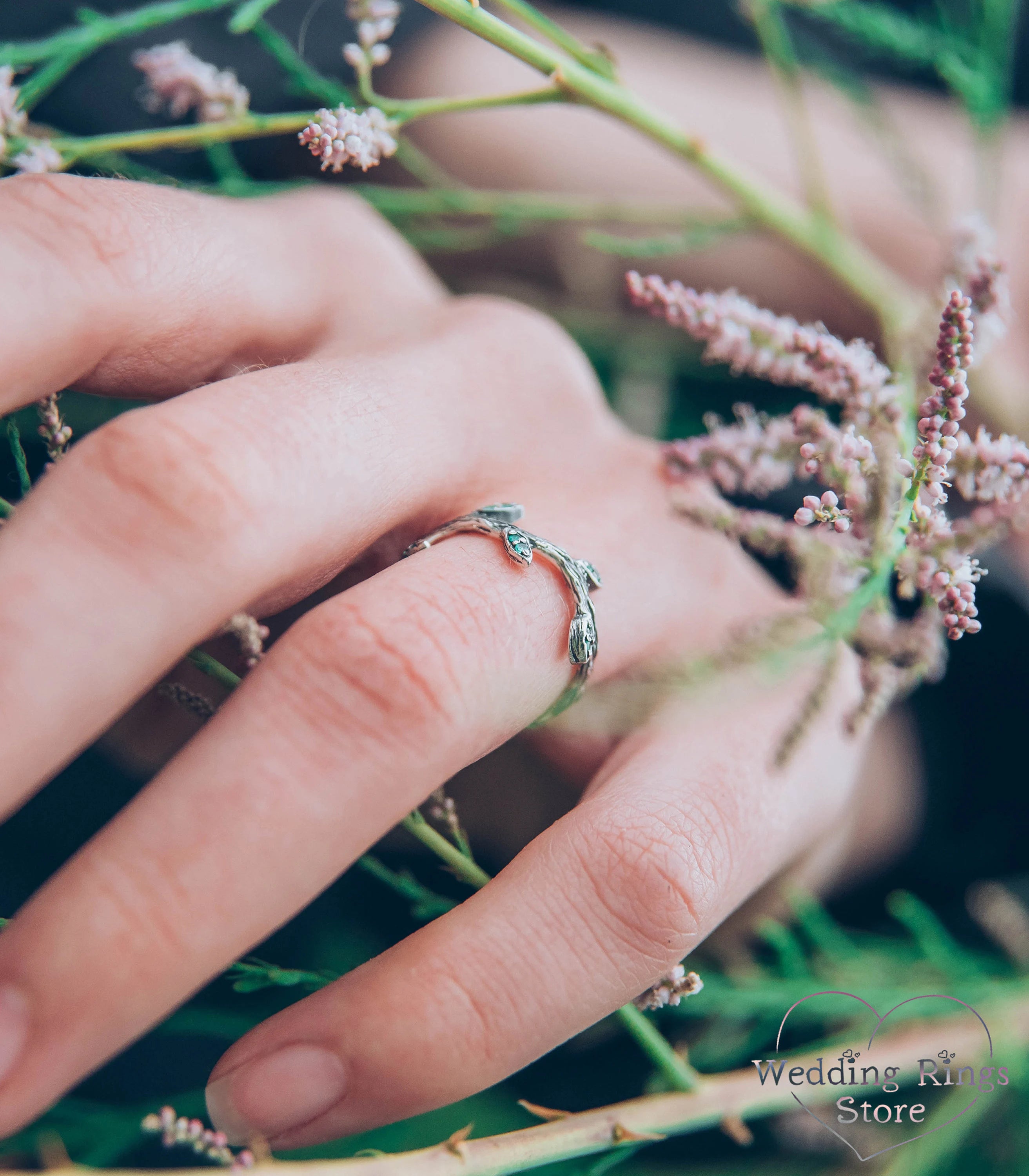 Tiny Branch with Leaves Ring — Emerald Engagement Ring